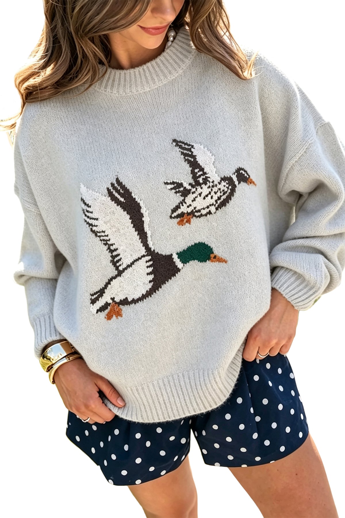 Light Grey Flying Mallard Pattern Round Neck Drop Shoulder Knit Sweater PREORDER ETA 3 WEEKS