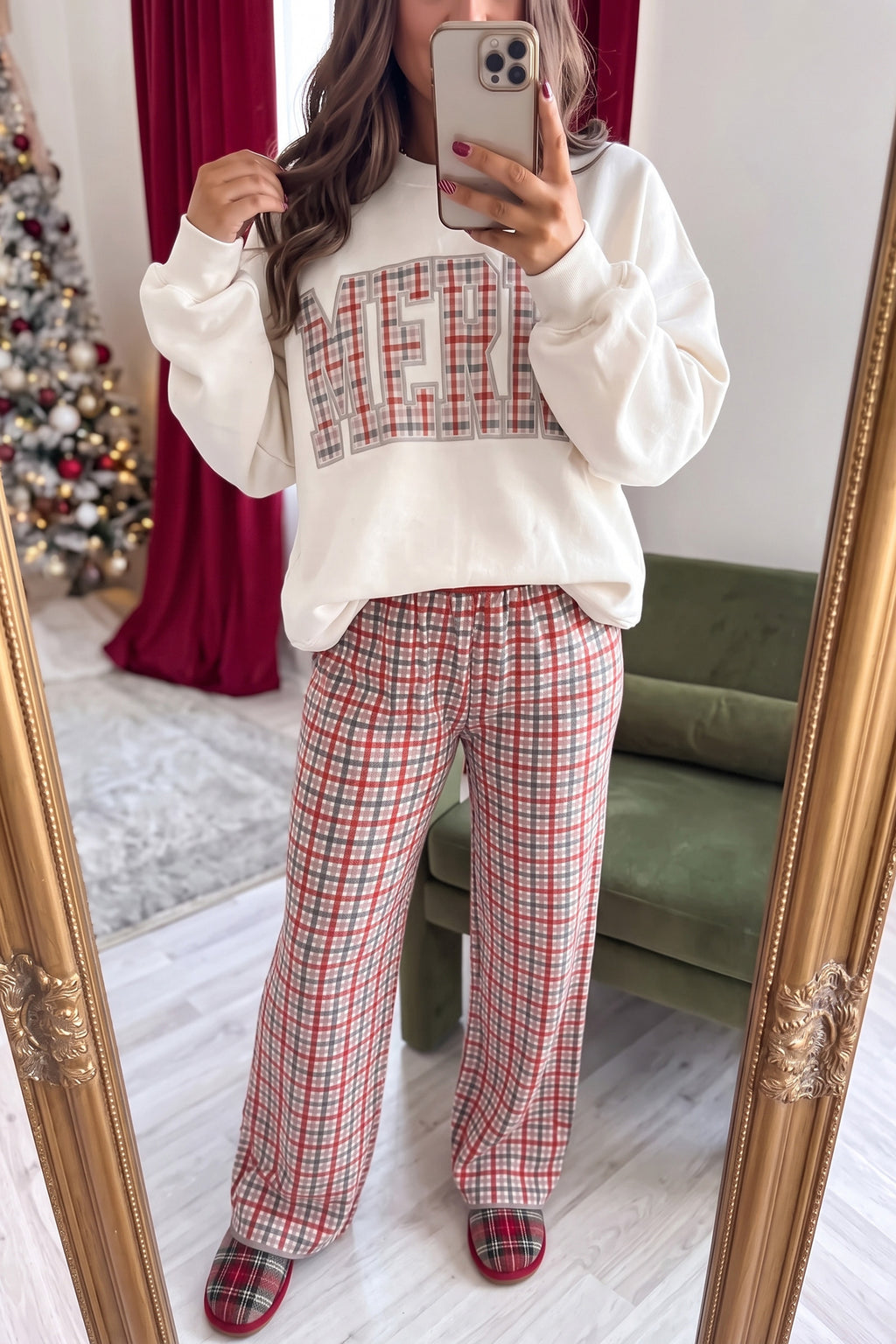 White Embroidered Plaid MERRY Sweatshirt PREORDER ETA 3 WEEKS