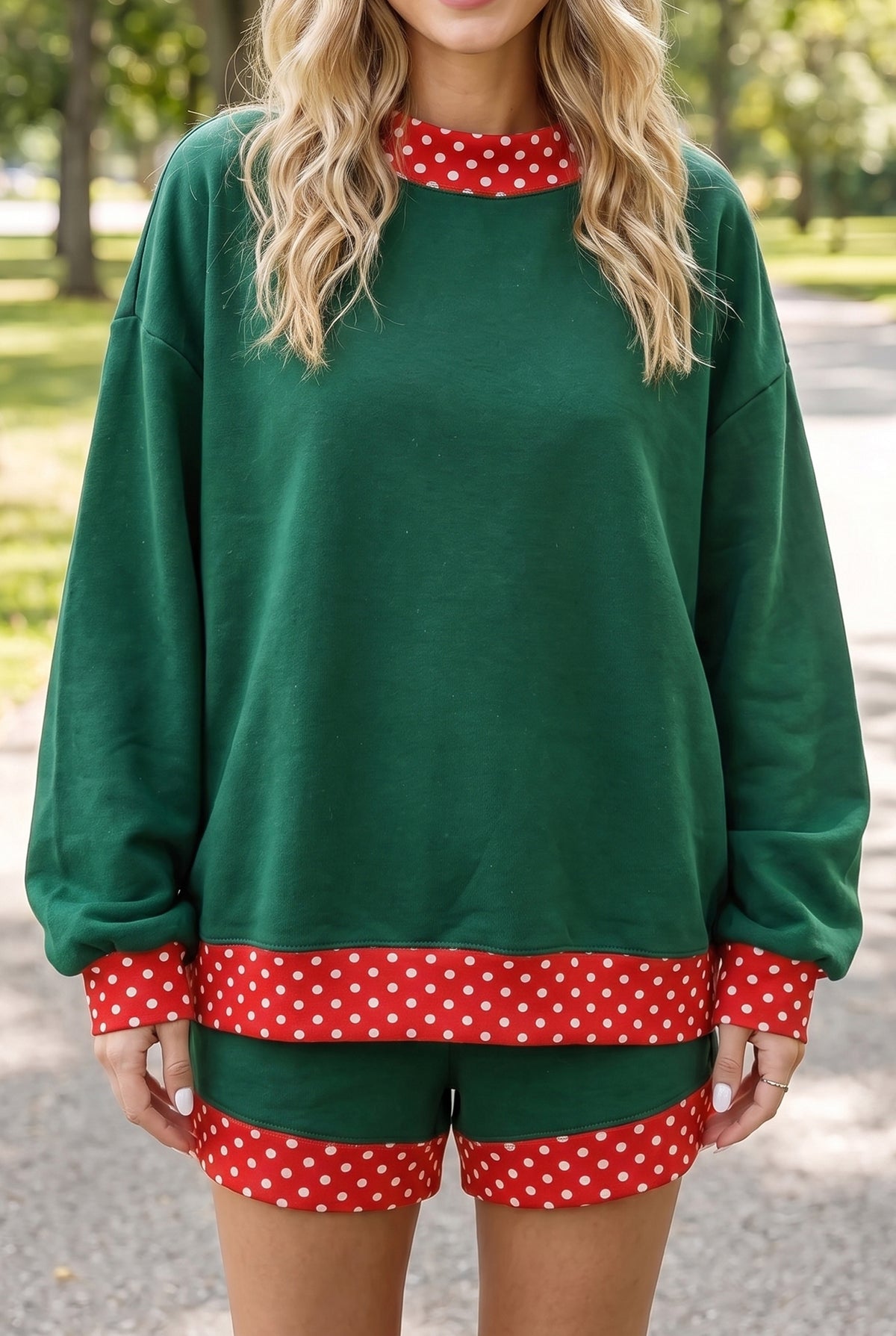 Evergreen Polka Dot Trim Baggy Pullover 2pcs Short Set PREORDER ETA 3 WEEKS