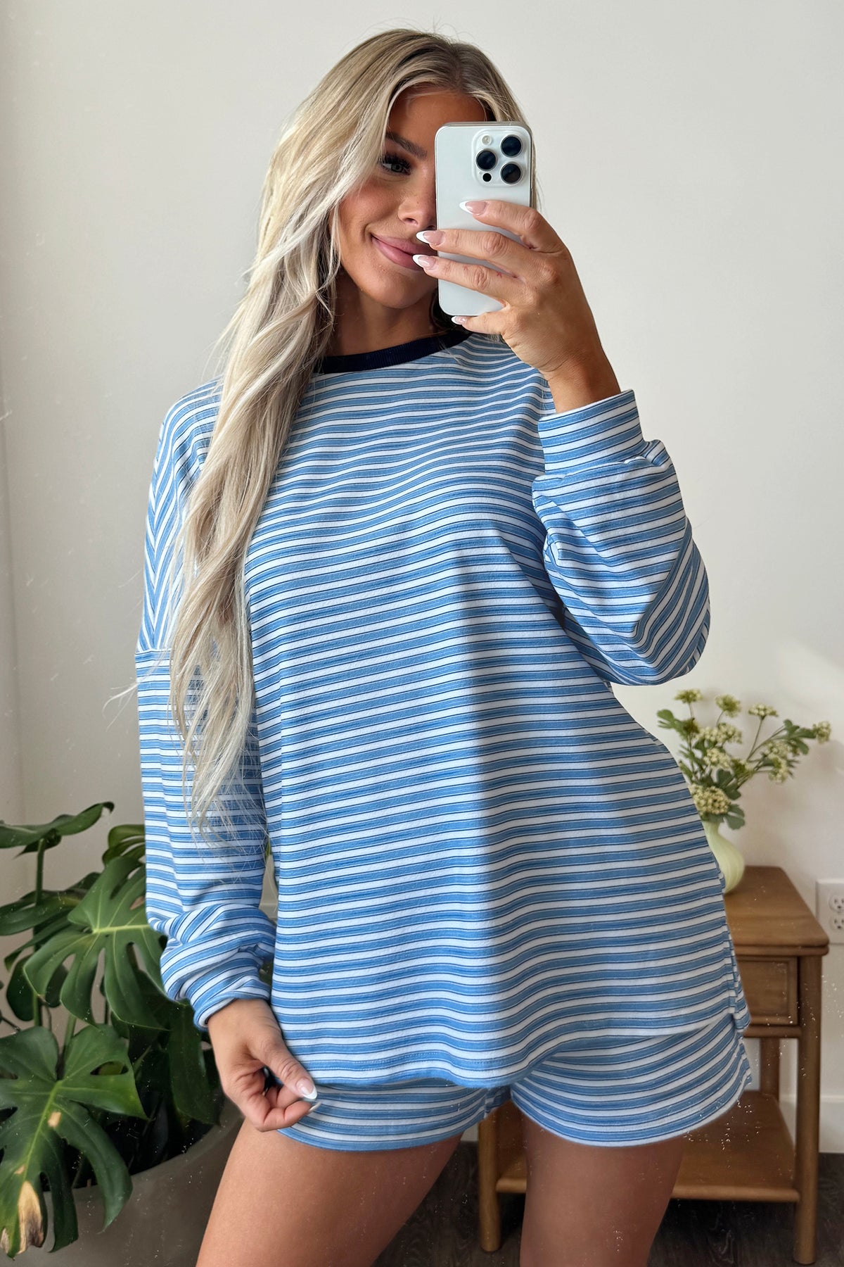Sky Blue Stripe Long Sleeve Oversized Top Pocketed Casual Shorts Two Piece Set PREORDER ETA 3 WEEKS