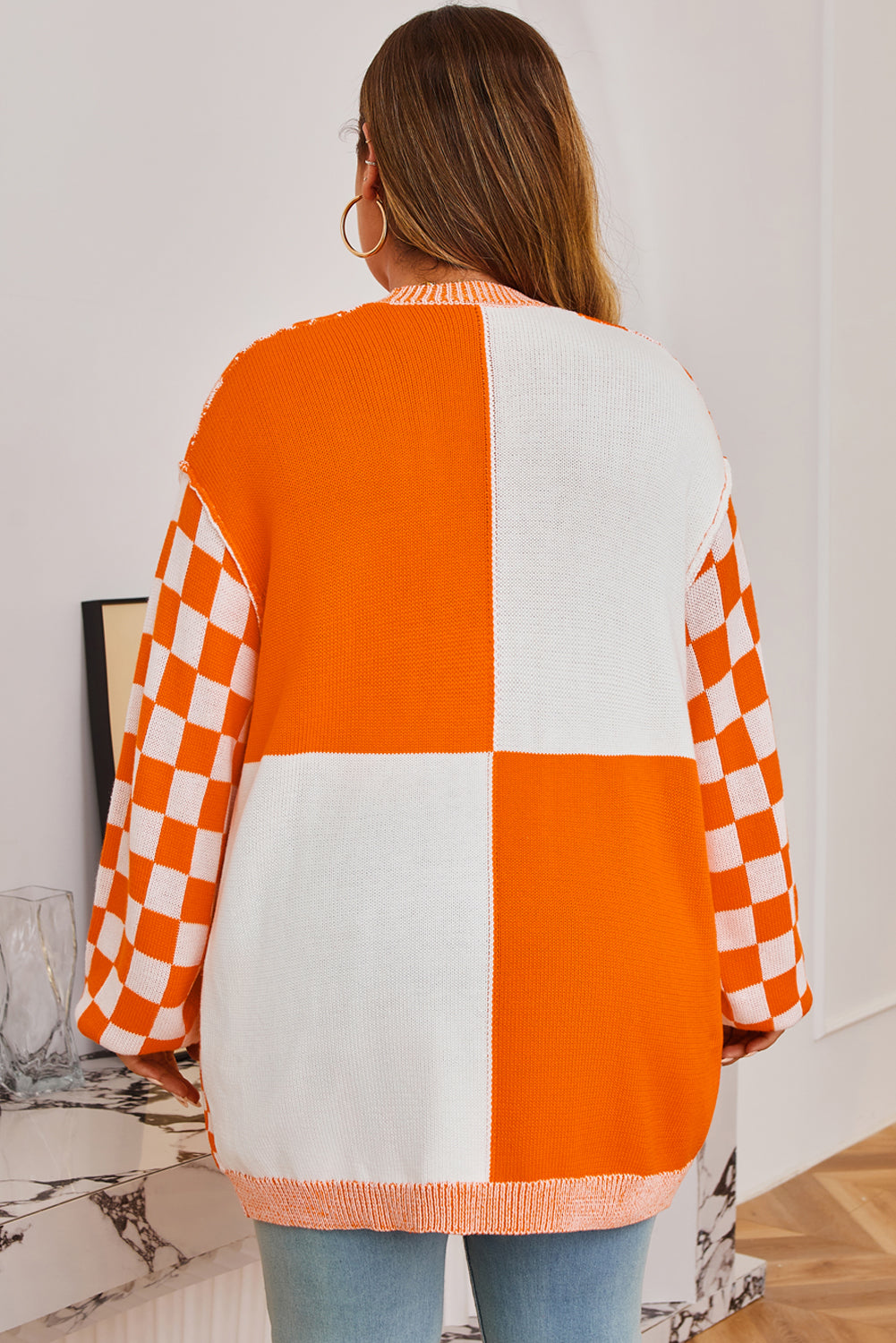 Orange Plus Size Checkered Bubble Sleeve Drop Shoulder Open Cardigan PREORDER ETA 3 WEEKS