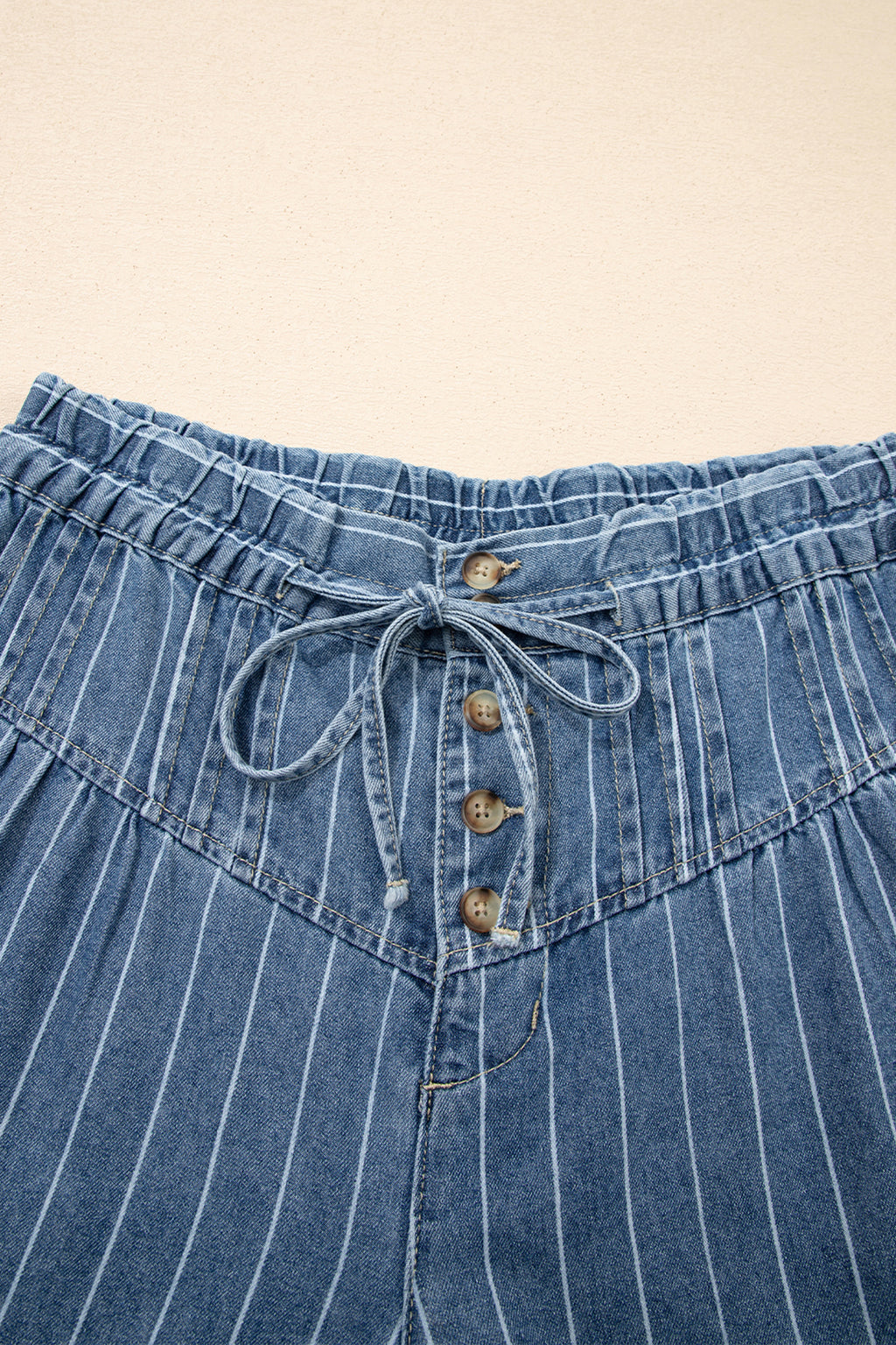 Sky Blue Stripe Button Pleated Drawstring Waist Casual Wide Leg Jeans PREORDER ETA 3 WEEKS