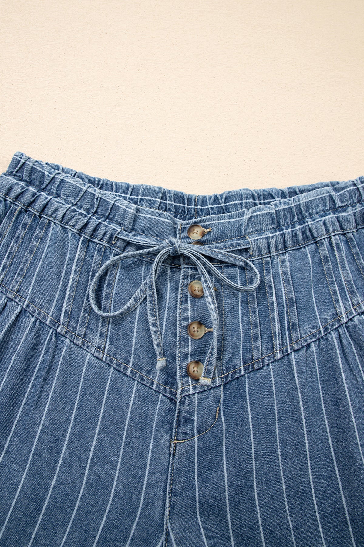Sky Blue Stripe Button Pleated Drawstring Waist Casual Wide Leg Jeans PREORDER ETA 3 WEEKS