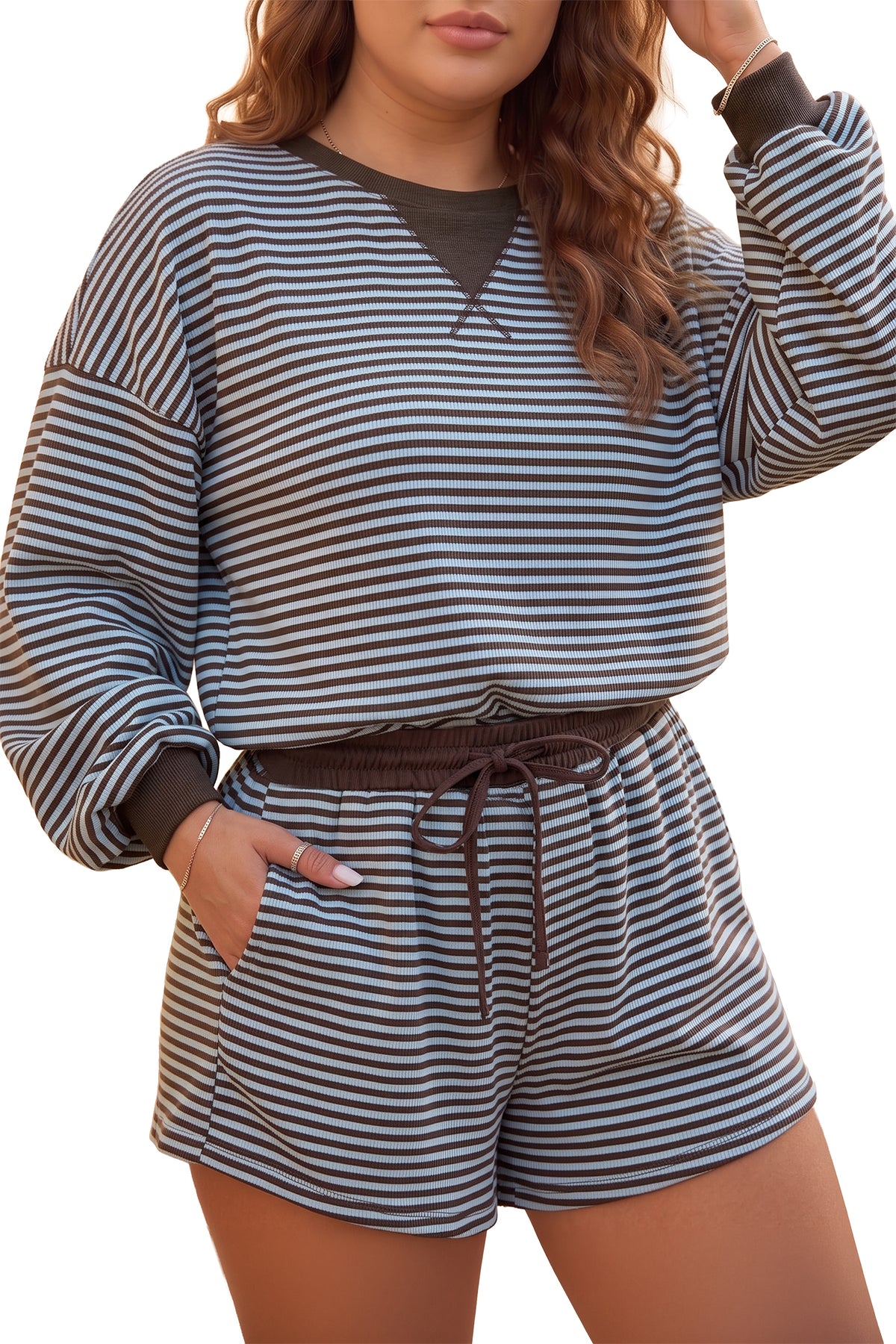Brown Stripe Ribbed Colorblock Detail Long Sleeve Top and Shorts Plus Size Outfit PREORDER ETA 3 WEEKS