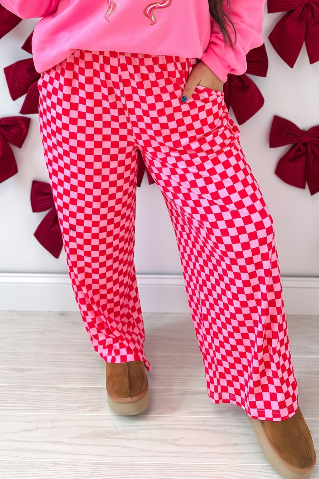 Pink Plus Size Checkered Pattern Loose Casual Pants PREORDER ETA 3 WEEKS