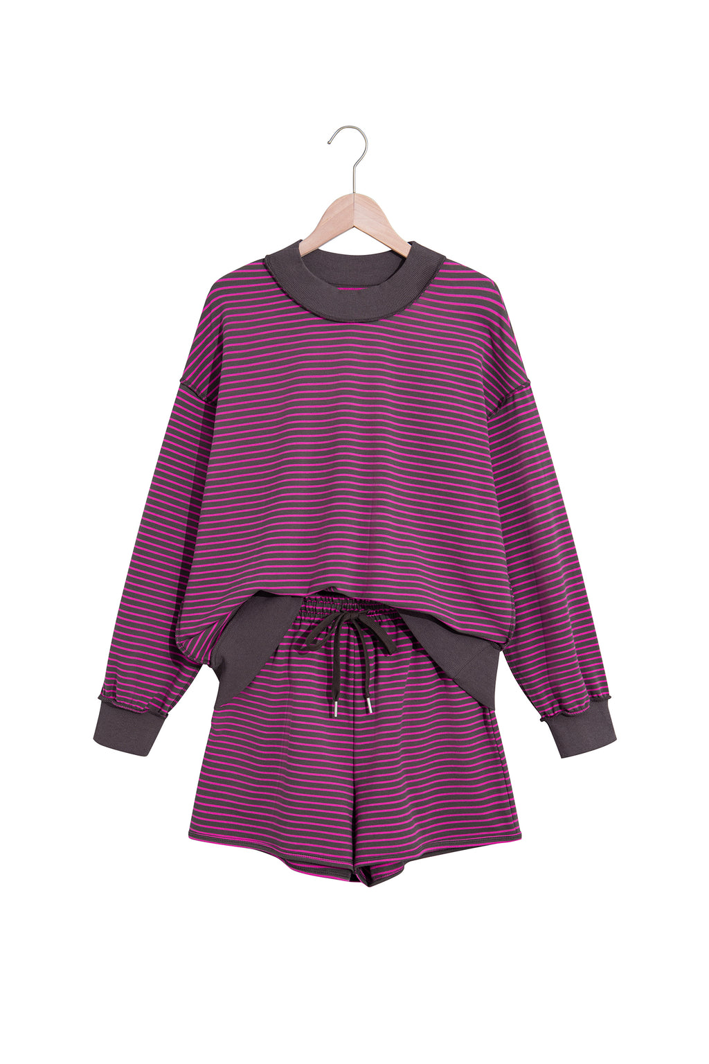 Blue Stripe Ribbed Patchwork Mock Neck Pullover Matching Shorts Set PREORDER ETA 3 WEEKS