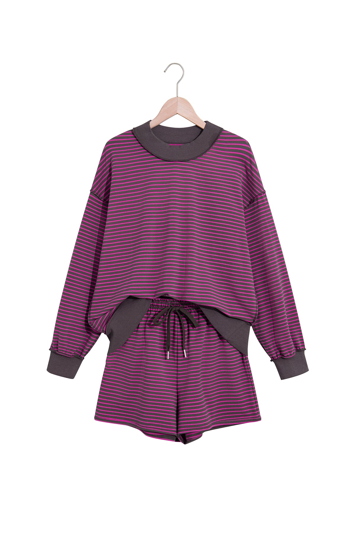 Blue Stripe Ribbed Patchwork Mock Neck Pullover Matching Shorts Set PREORDER ETA 3 WEEKS