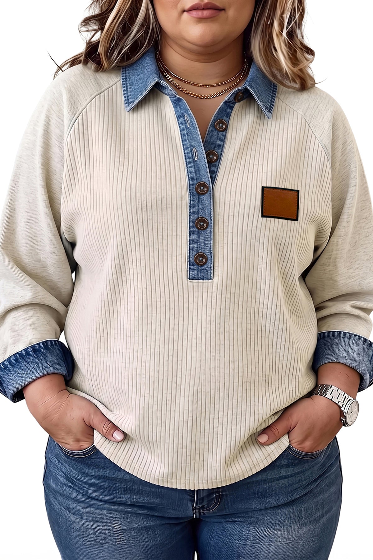 Light Grey V-Neck Long Sleeve Tunic Top with Denim Collar Cuffs Ribbed Texture Plus Size Blouse PREORDER ETA 3 WEEKS