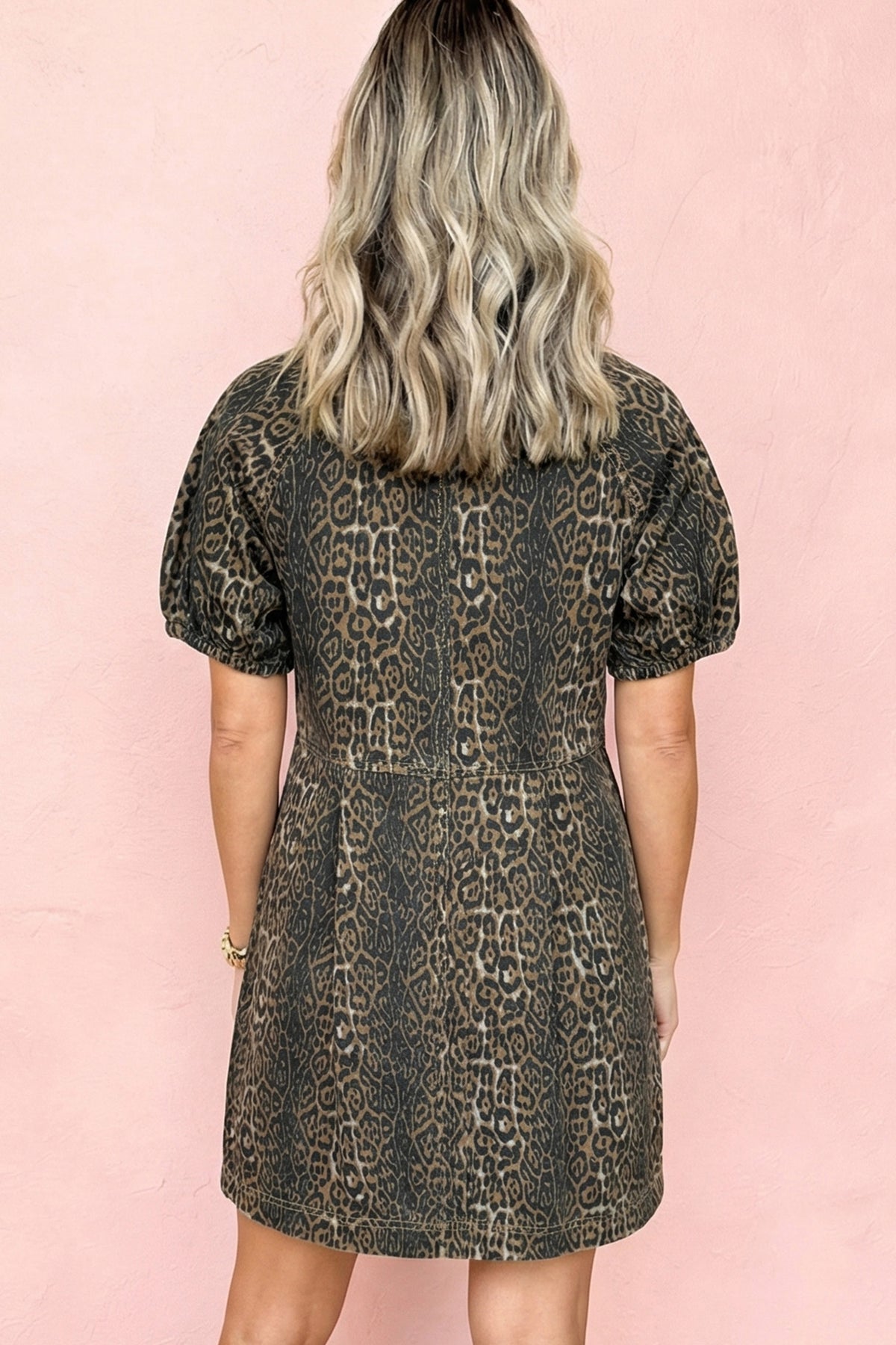 Gray Leopard Print Short Sleeve Pleated Denim Mini Dress PREORDER ETA 3 WEEKS