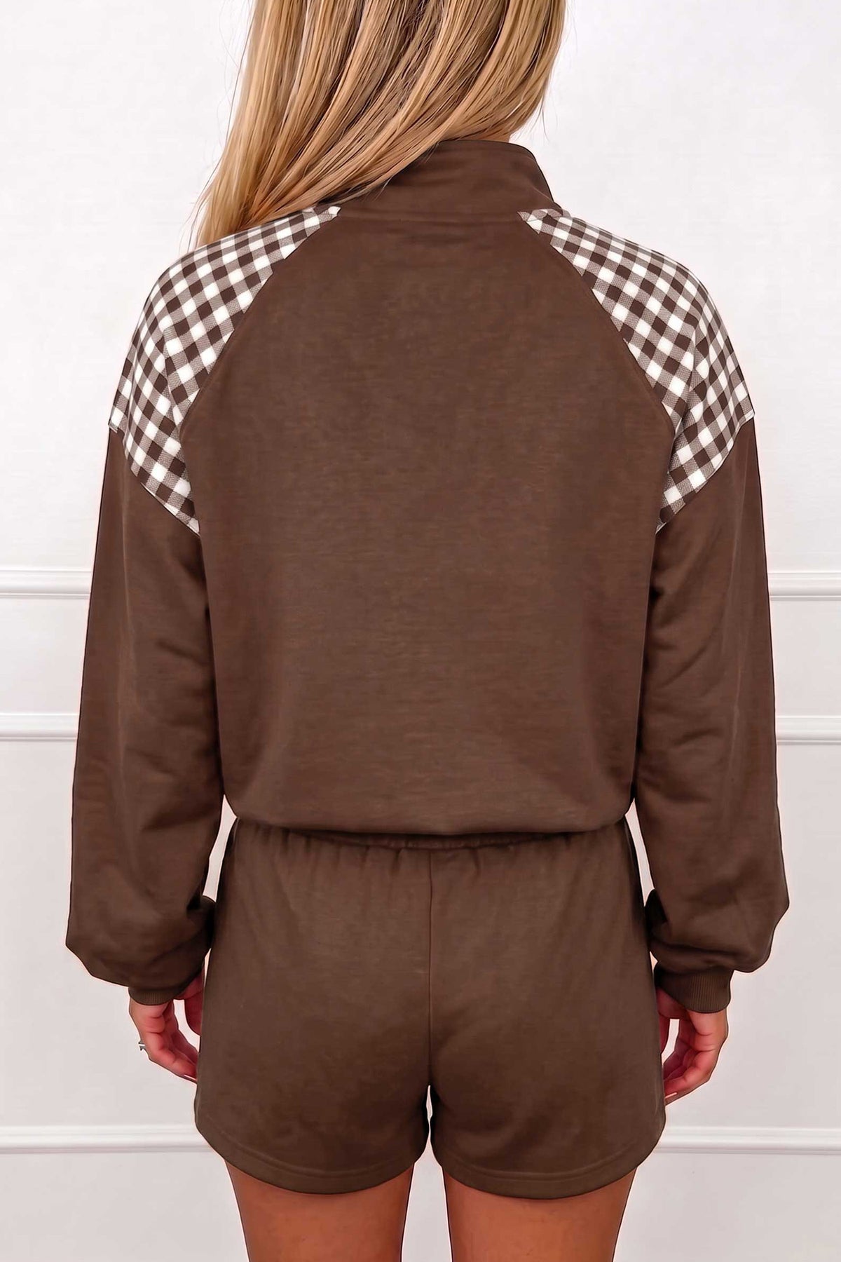 Bright Green Plaid Patchwork Half Zip Pullover Drawstring Short Set PREORDER ETA 3 WEEKS