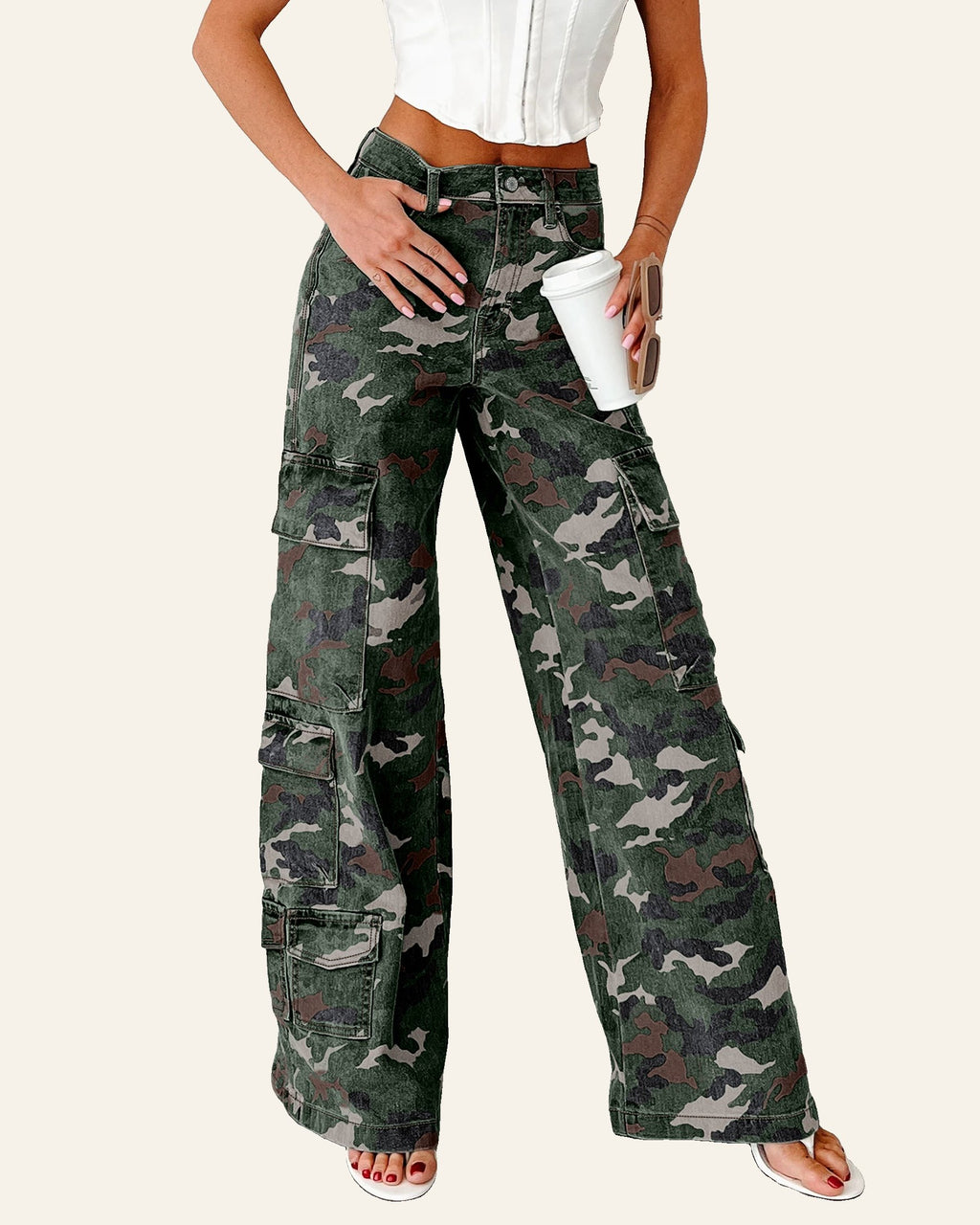 Green Camo Cargo Wide Leg Pants