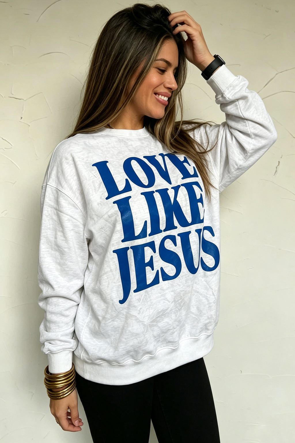 Gray LOVE LIKE JESUS Letter Print Round Neck Light Camo Pullover Sweatshirt PREORDER ETA 3 WEEKS