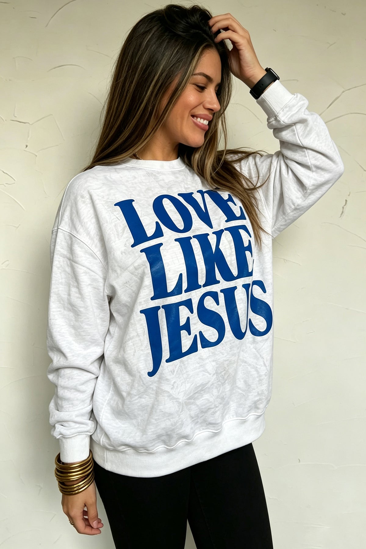 Gray LOVE LIKE JESUS Letter Print Round Neck Light Camo Pullover Sweatshirt PREORDER ETA 3 WEEKS