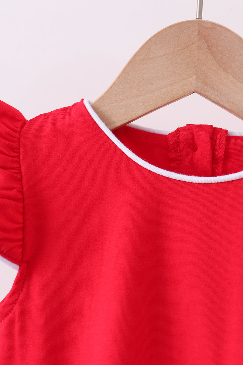 Red flutter sleeve scalloped top