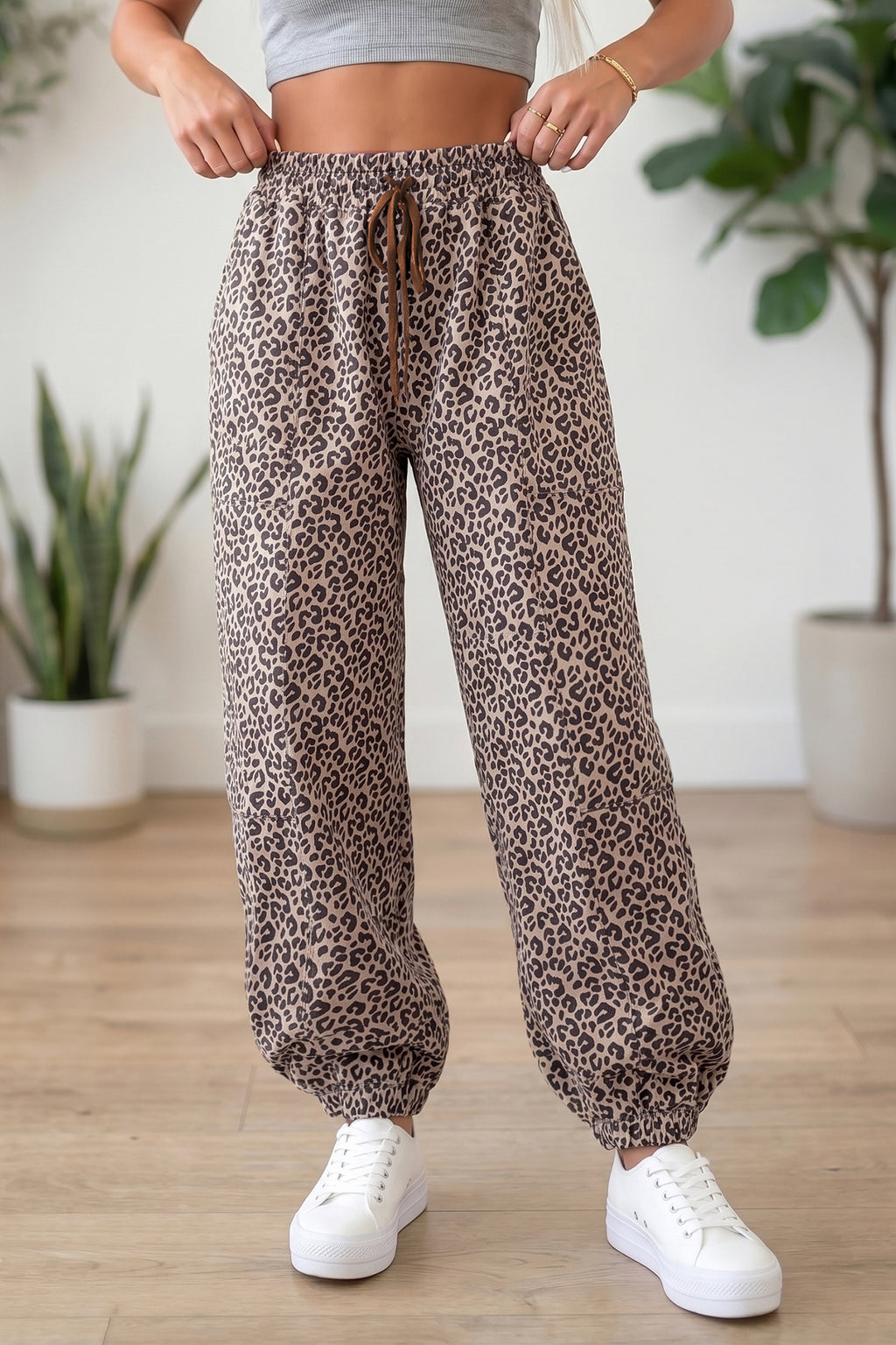 Khaki Leopard Print Elastic Waist Ankle Length Pants PREORDER ETA 3 WEEKS