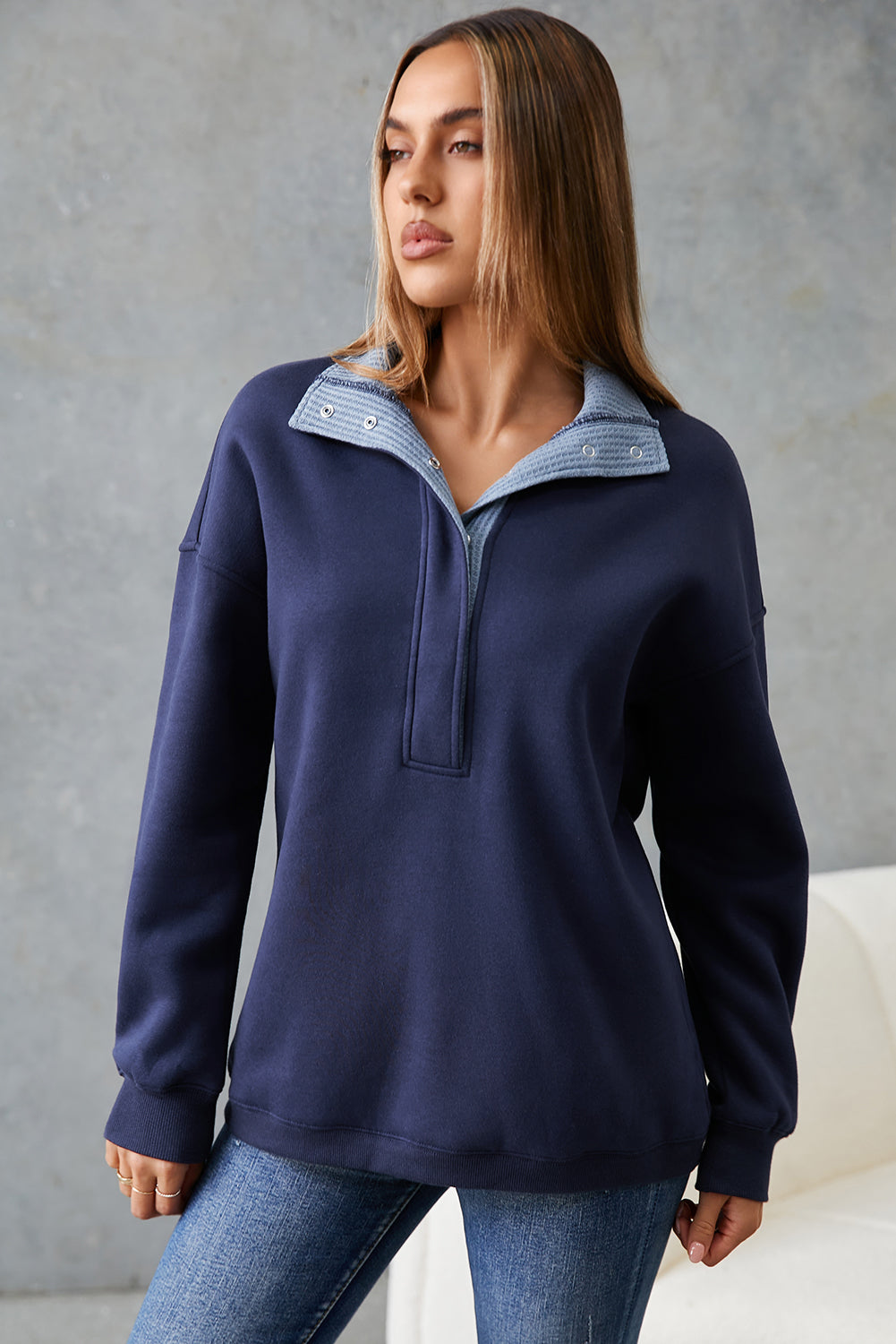 Dirty blue Drop Shoulder Metal Button Casual Pullover Sweatshirt PREORDER ETA 3 WEEKS