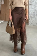 Dark Brown Lace Patchwork Hem Long Casual Shift Skirt PREORDER ETA 3 WEEKS