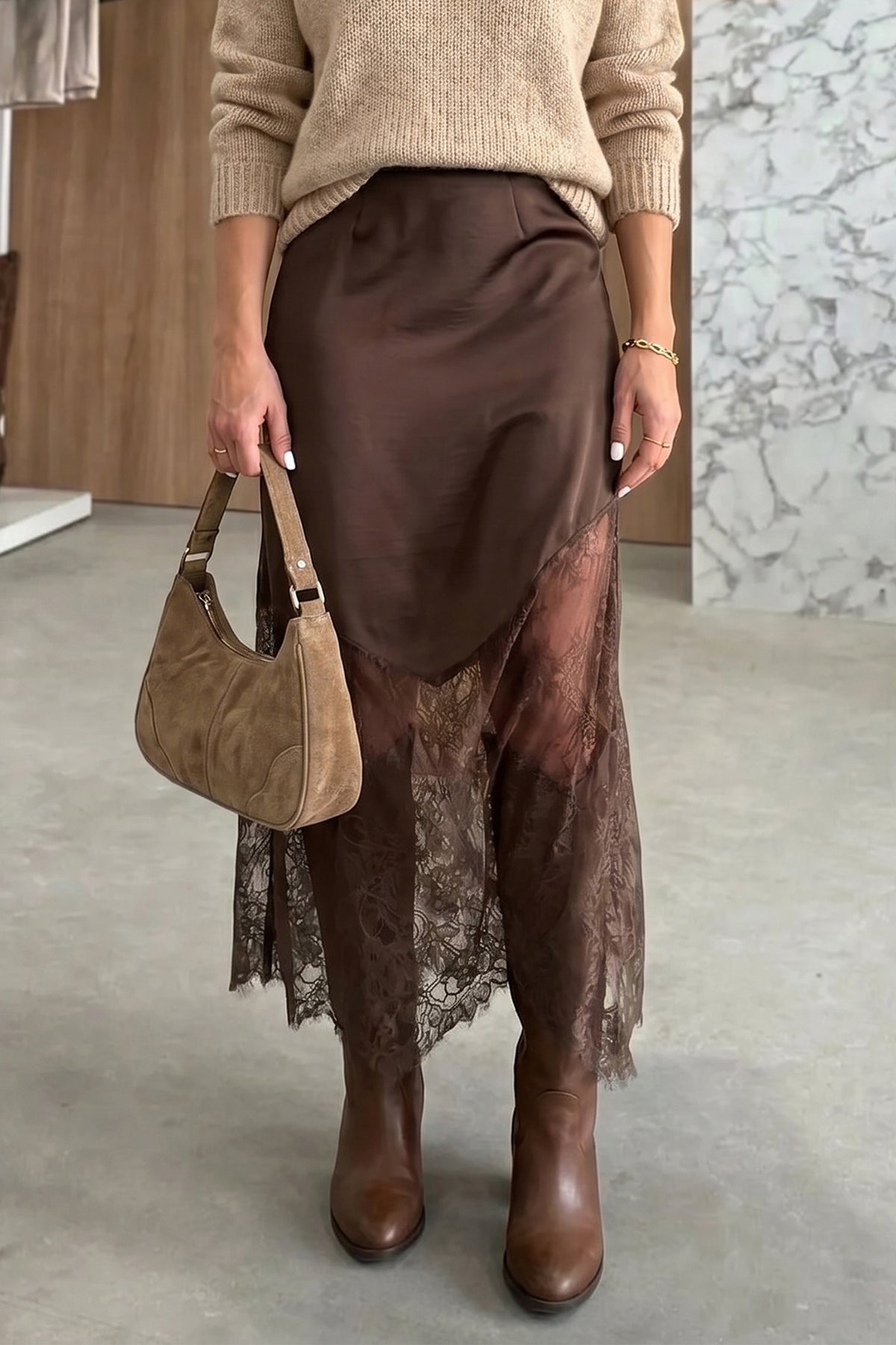 Dark Brown Lace Patchwork Hem Long Casual Shift Skirt PREORDER ETA 3 WEEKS