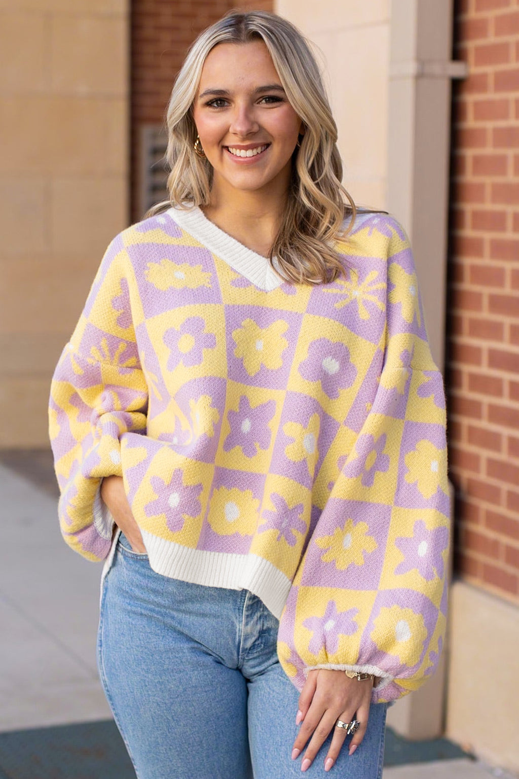 Multicolour V Neck Plaid Floral Long Sleeve Plus Size Sweater PREORDER ETA 3 WEEKS