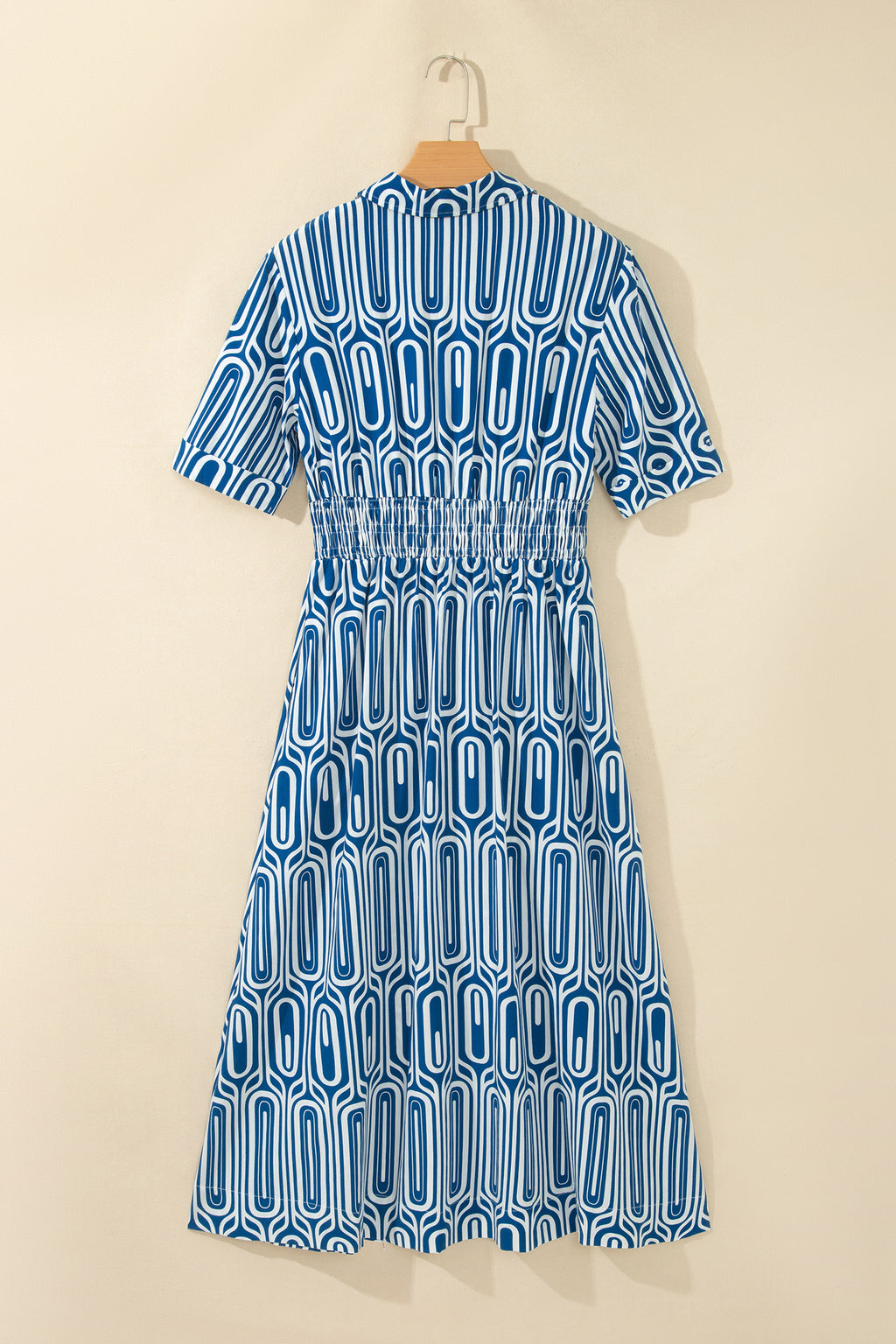 Blue Geometric Print Short Sleeve Drawstring Shirt Collar Dress PREORDER ETA 3 WEEKS