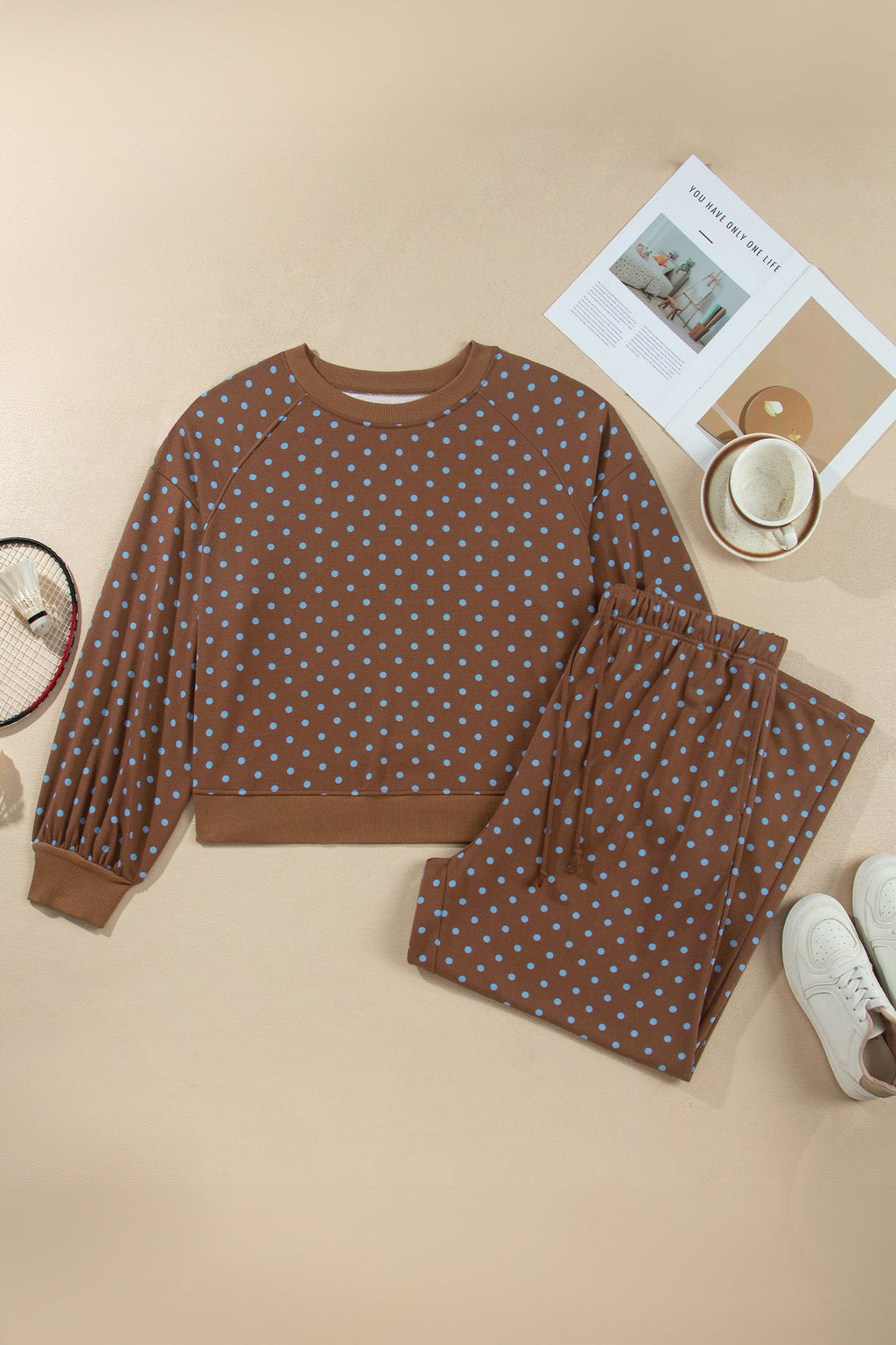 Brown Polka Dot Round Neck Long Sleeve Plus Size Set PREORDER ETA 3 WEEKS