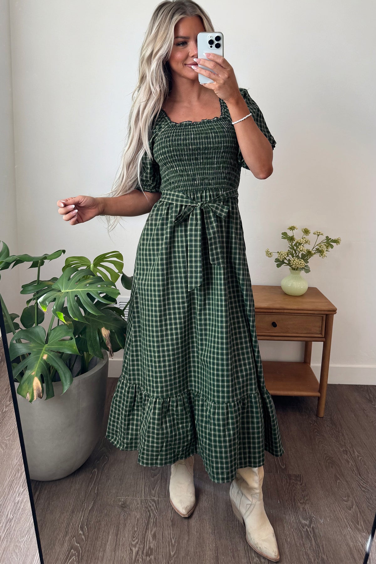 Green Plaid Square Neck Shirred High Waist Ruffle Hem Dress PREORDER ETA 3 WEEKS