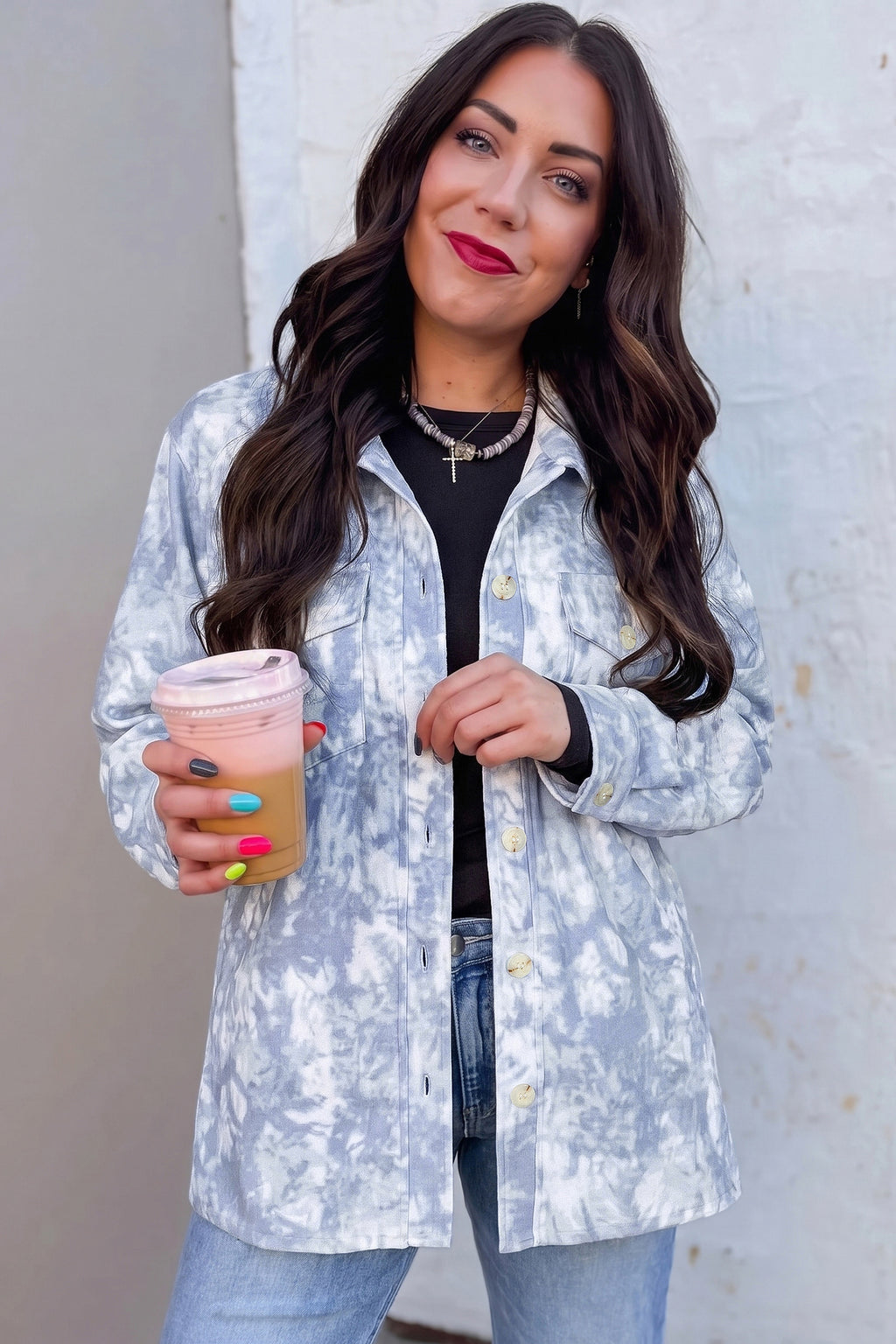 Gray Abstract Print Fuzzy Collar Long Sleeve Patch Pocket Tunic Jacket PREORDER ETA 3 WEEKS