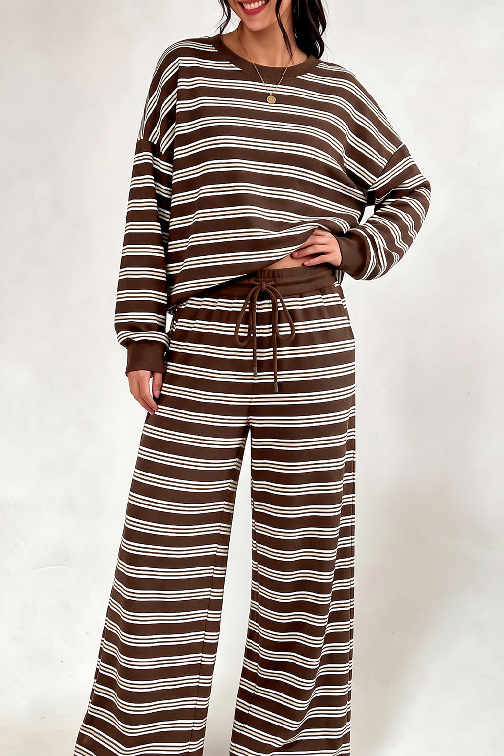 Brown Stripe Back Cutout Long Sleeve Top and Wide Leg Pants 2pcs Set PREORDER ETA 3 WEEKS