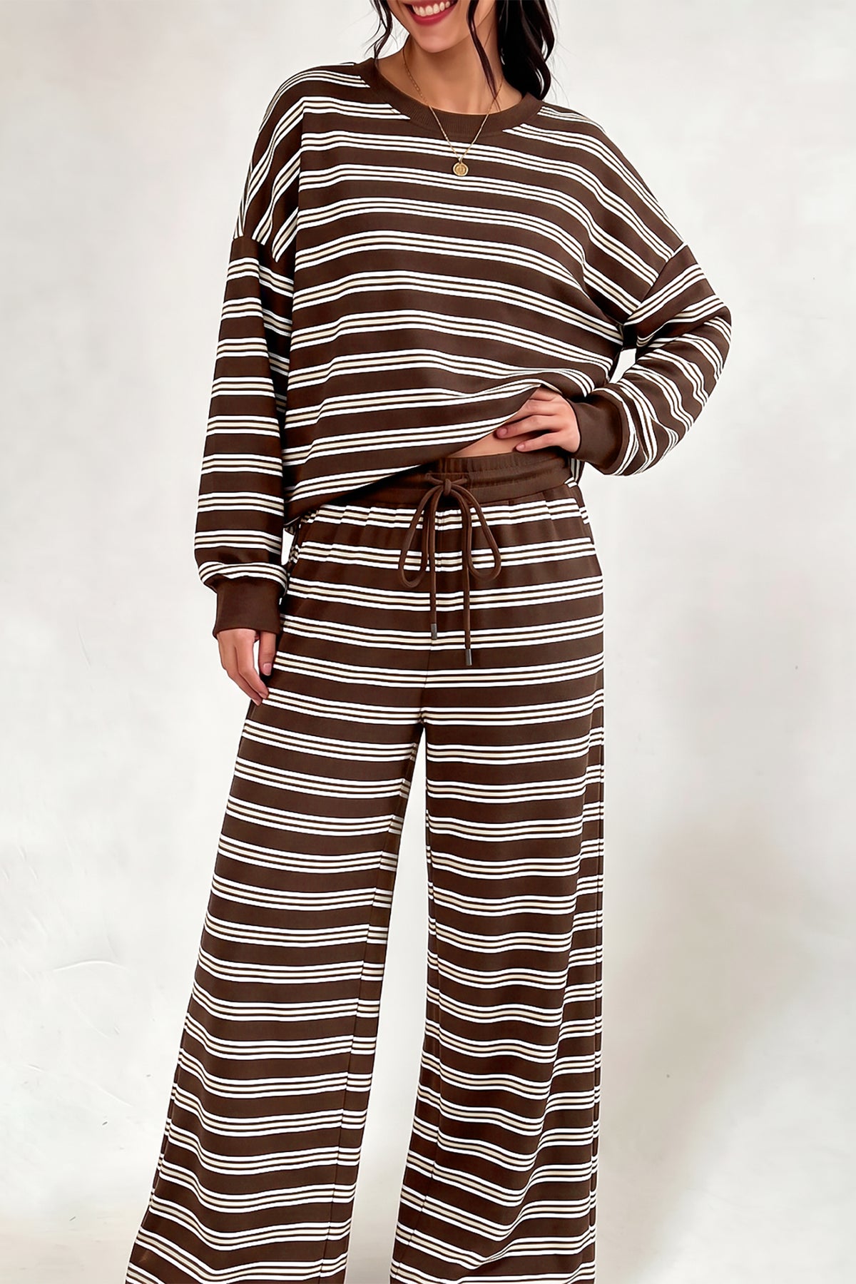 Brown Stripe Back Cutout Long Sleeve Top and Wide Leg Pants 2pcs Set PREORDER ETA 3 WEEKS