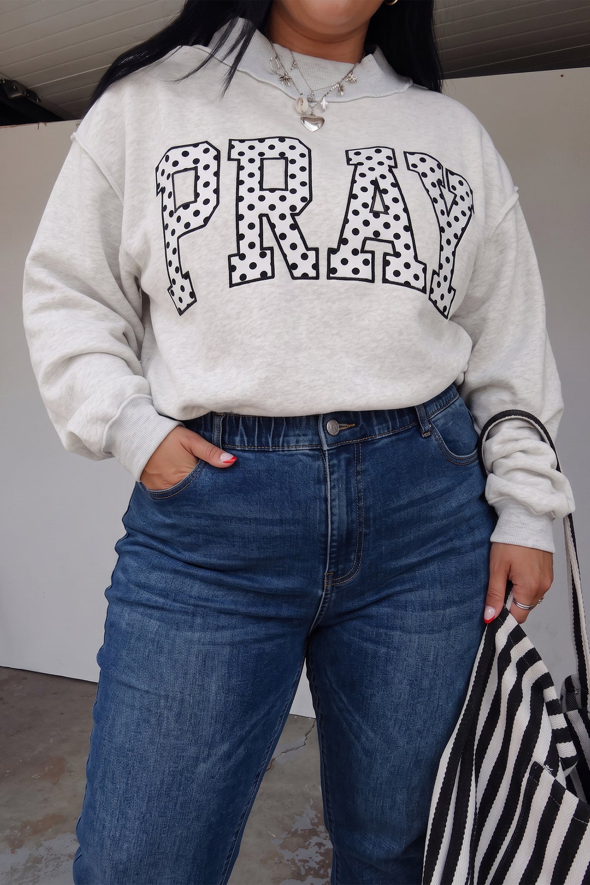 Gray PRAY Polka Dot Letter Print Mock Neck Plus Size Sweatshirt PREORDER ETA 3 WEEKS
