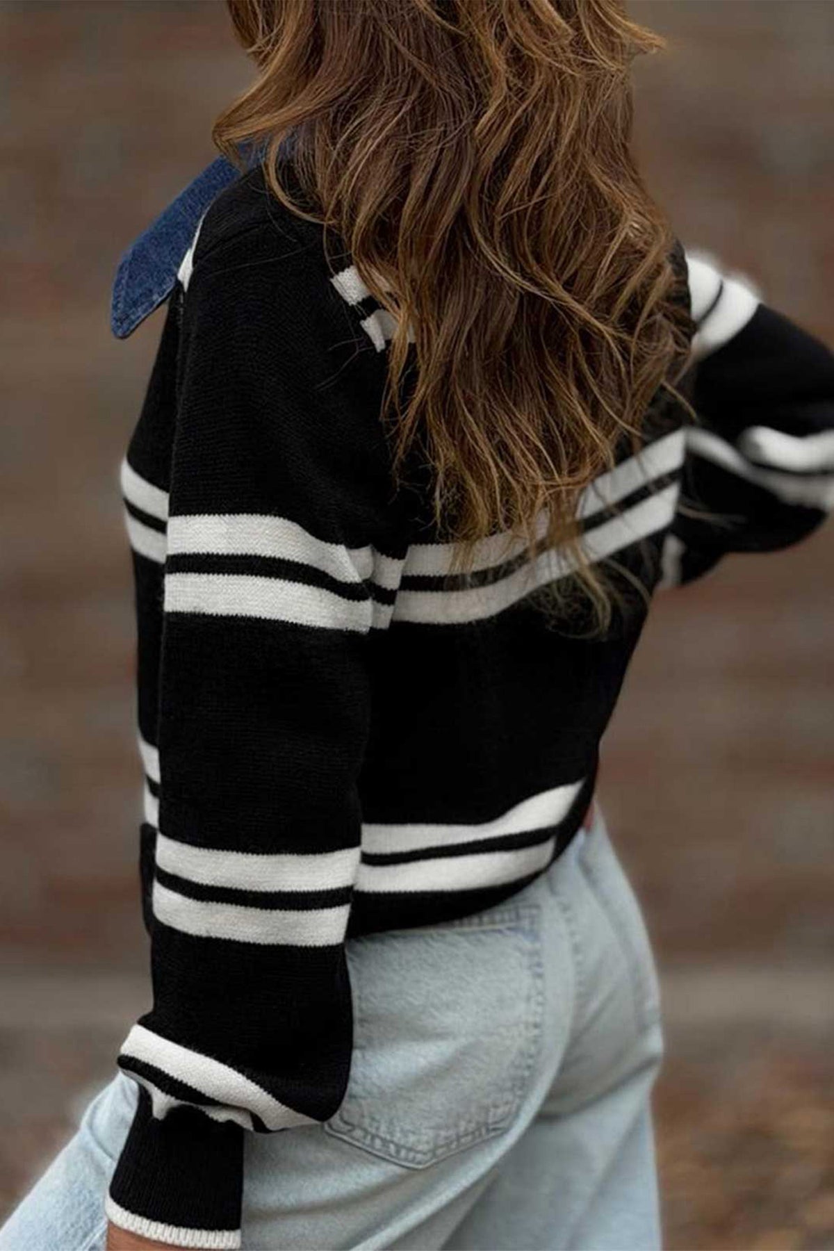 Black Stripe Denim Collar Patchwork Relaxed Knit Sweater PREORDER ETA 3 WEEKS