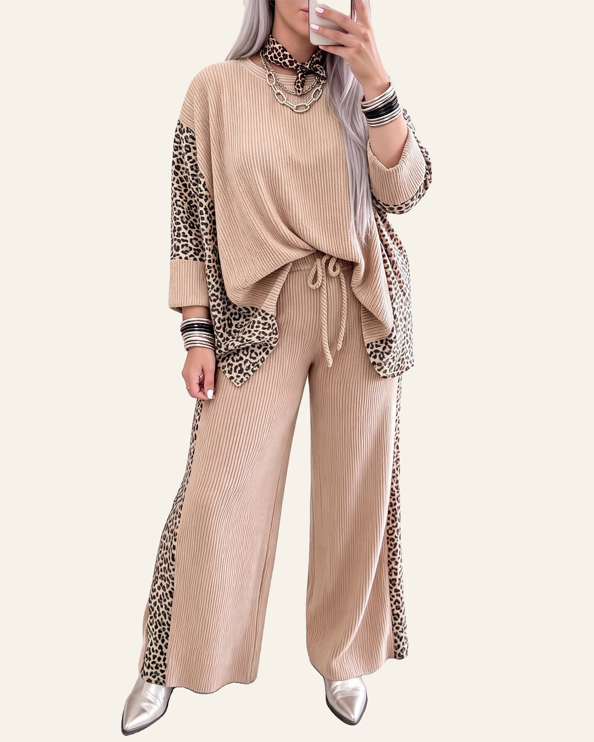 Parchment Leopard Print Twisted Ribbed Patchwork Long Sleeve Top Loose Pant Set PREORDER ETA 3 WEEKS