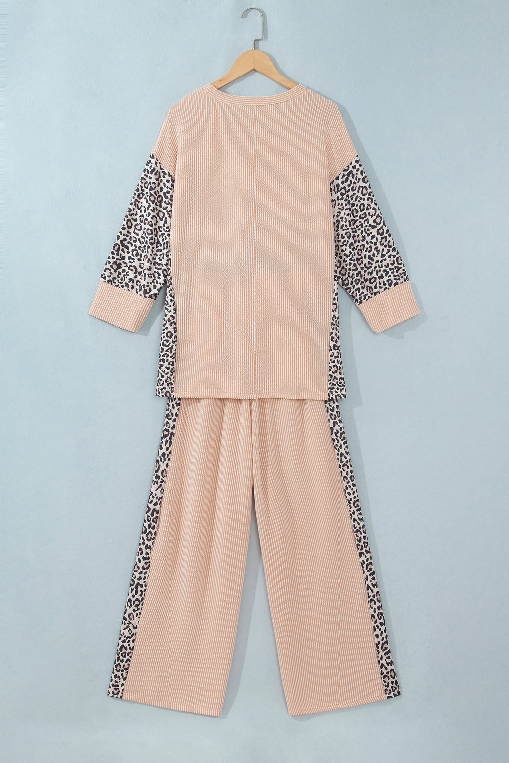 Parchment Leopard Print Twisted Ribbed Patchwork Long Sleeve Top Loose Pant Set PREORDER ETA 3 WEEKS