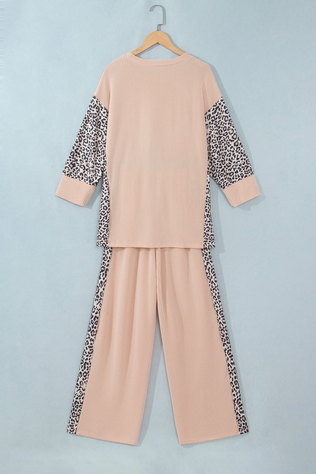 Parchment Leopard Print Twisted Ribbed Patchwork Long Sleeve Top Loose Pant Set PREORDER ETA 3 WEEKS