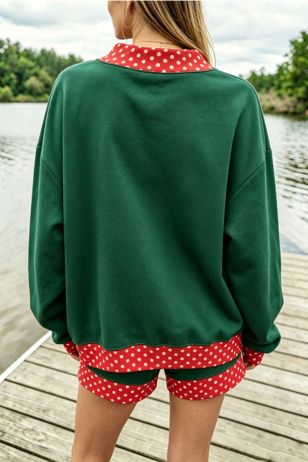 Evergreen Polka Dot Trim Baggy Pullover 2pcs Short Set PREORDER ETA 3 WEEKS