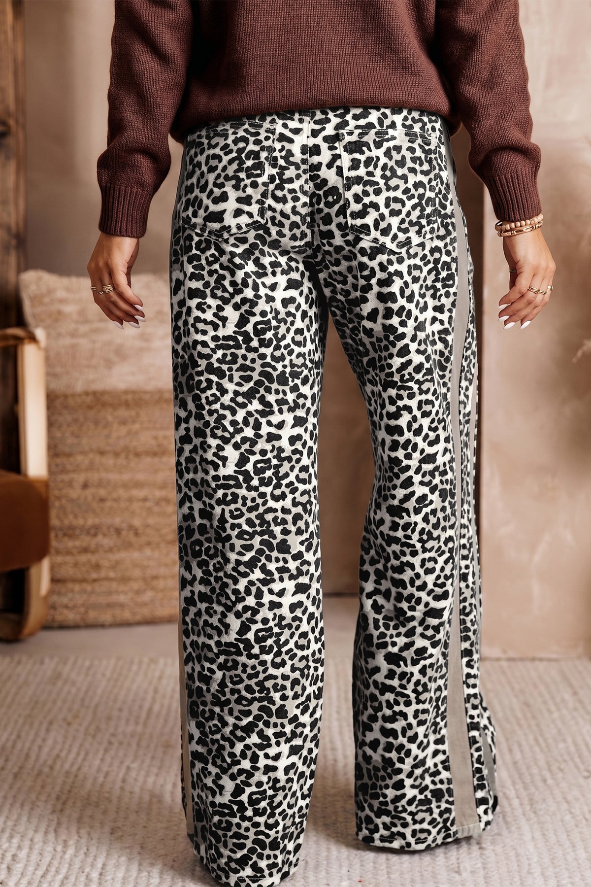 Khaki Leopard Print Drawstring Waist Straight Leg Jeans PREORDER ETA 3 WEEKS