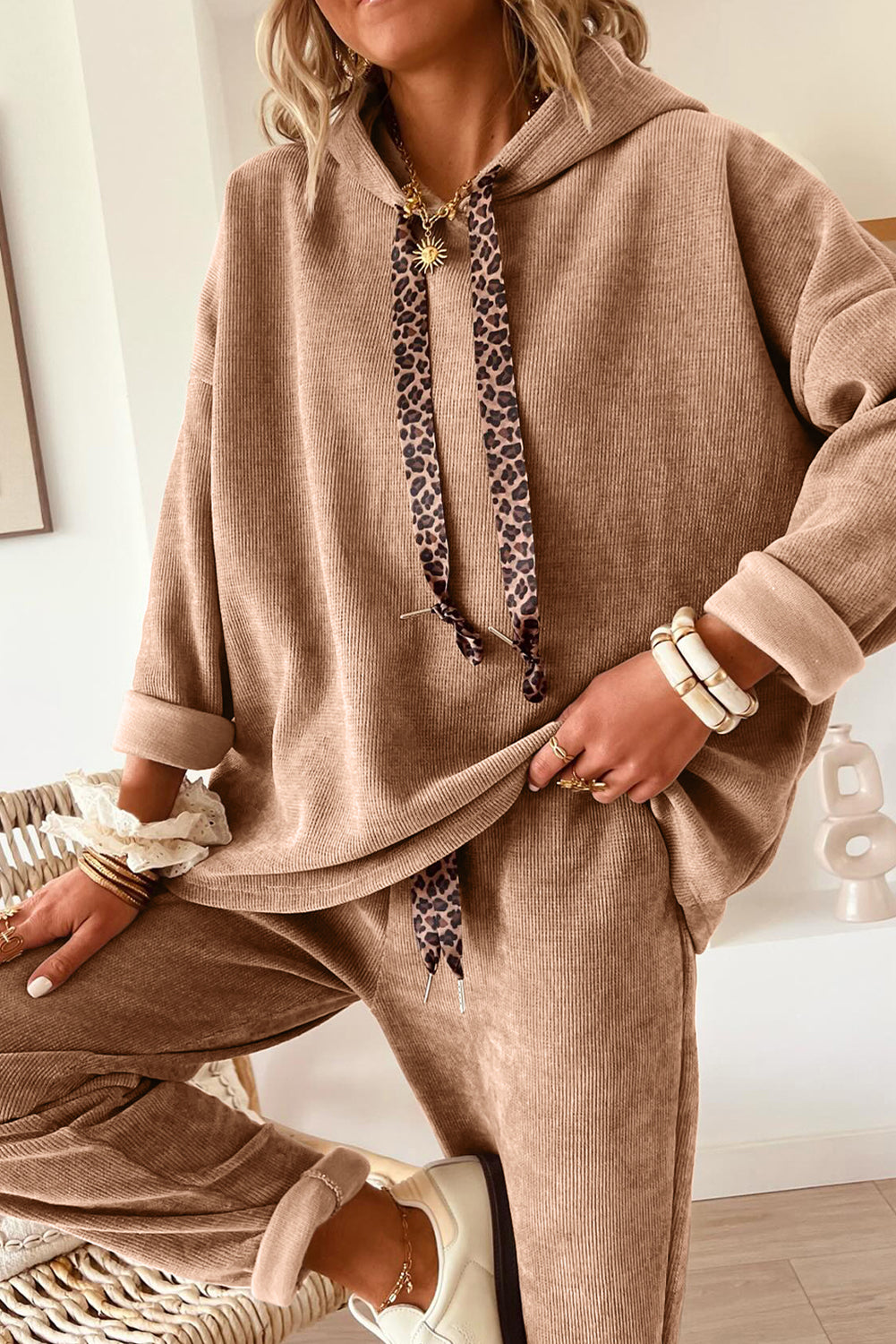 Leopard Drawstring Pullover Hoodie and High Waist Pants PREORDER ETA 3 WEEKS