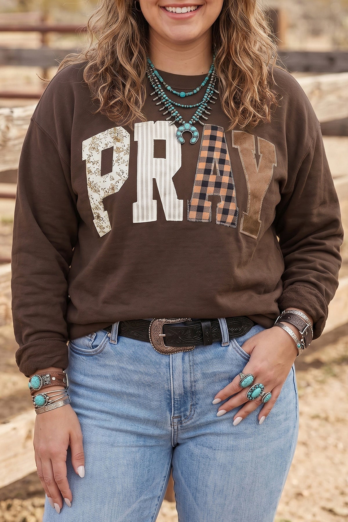 Fiery Red PRAY Letter Patchwork Round Neck Long Sleeve Plus Size Sweatshirt PREORDER ETA 3 WEEKS