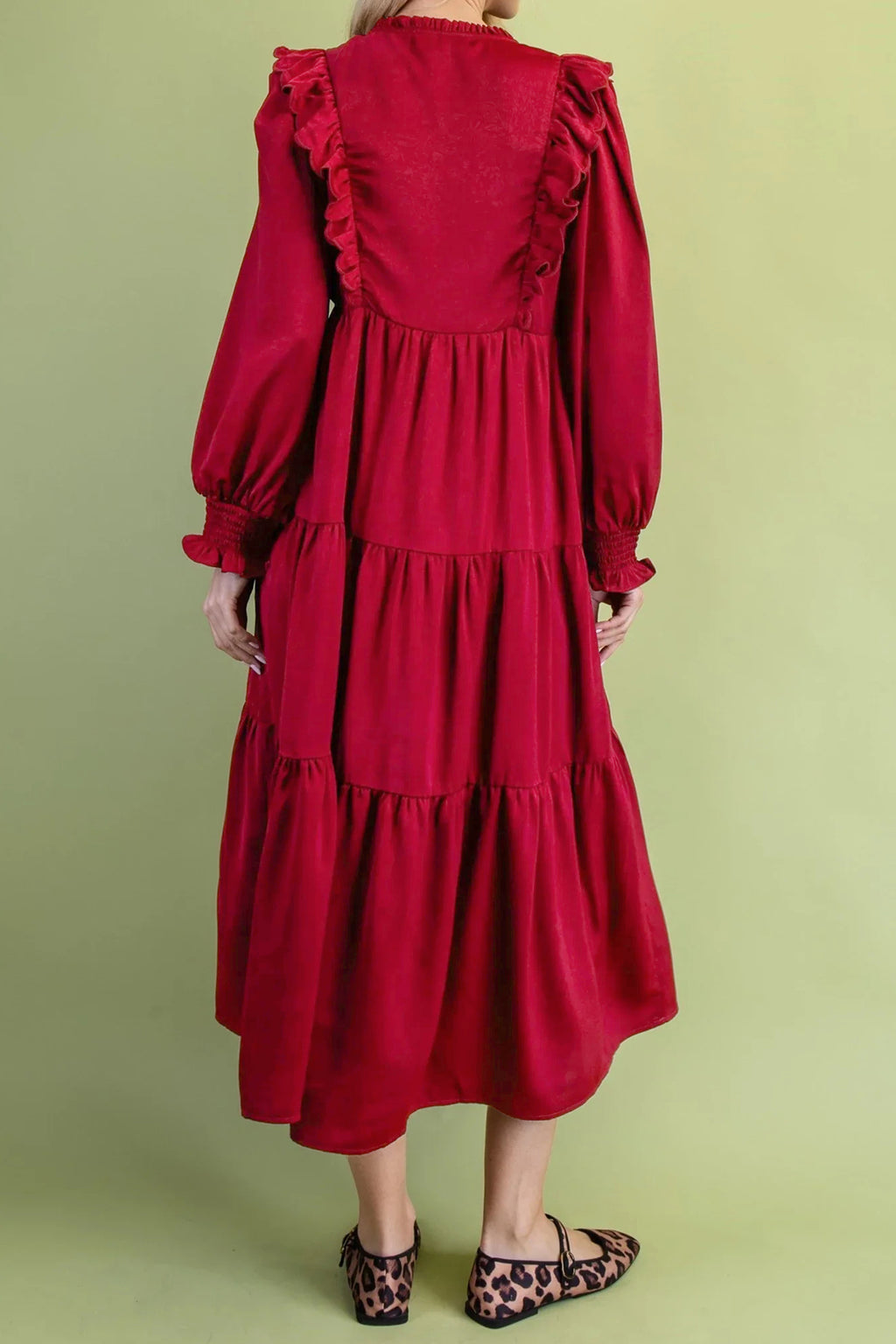 Racing Red Solid Color Ruffle Trim Long Sleeve Tiered Shift Midi Dress PREORDER ETA 3 WEEKS