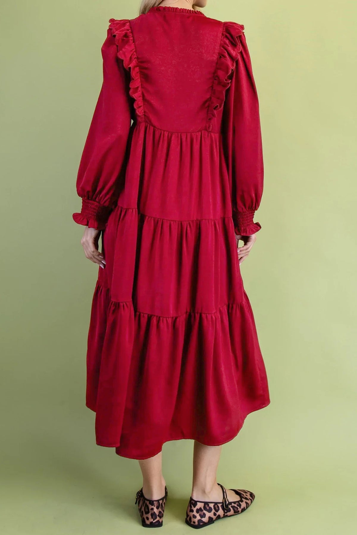 Racing Red Solid Color Ruffle Trim Long Sleeve Tiered Shift Midi Dress PREORDER ETA 3 WEEKS