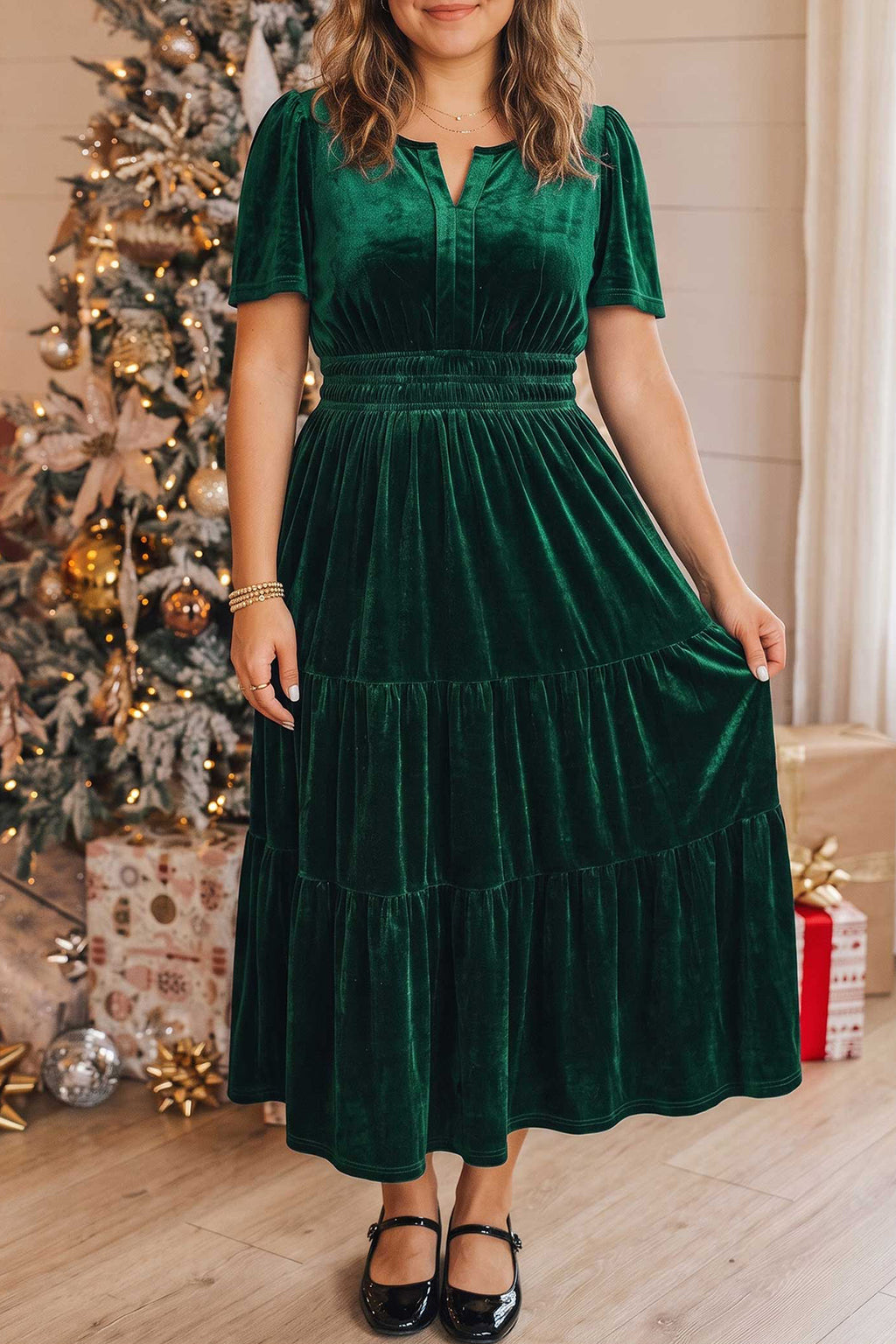 Blackish Green Velvet Short Sleeve Shirred Waist Tiered Plus Size Maxi Dress PREORDER ETA 3 WEEKS