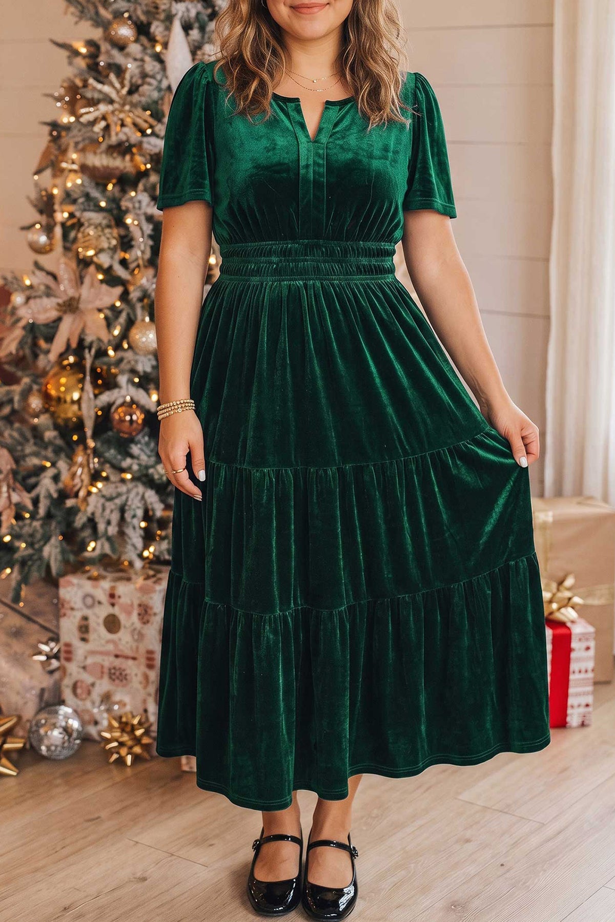 Blackish Green Velvet Short Sleeve Shirred Waist Tiered Plus Size Maxi Dress PREORDER ETA 3 WEEKS