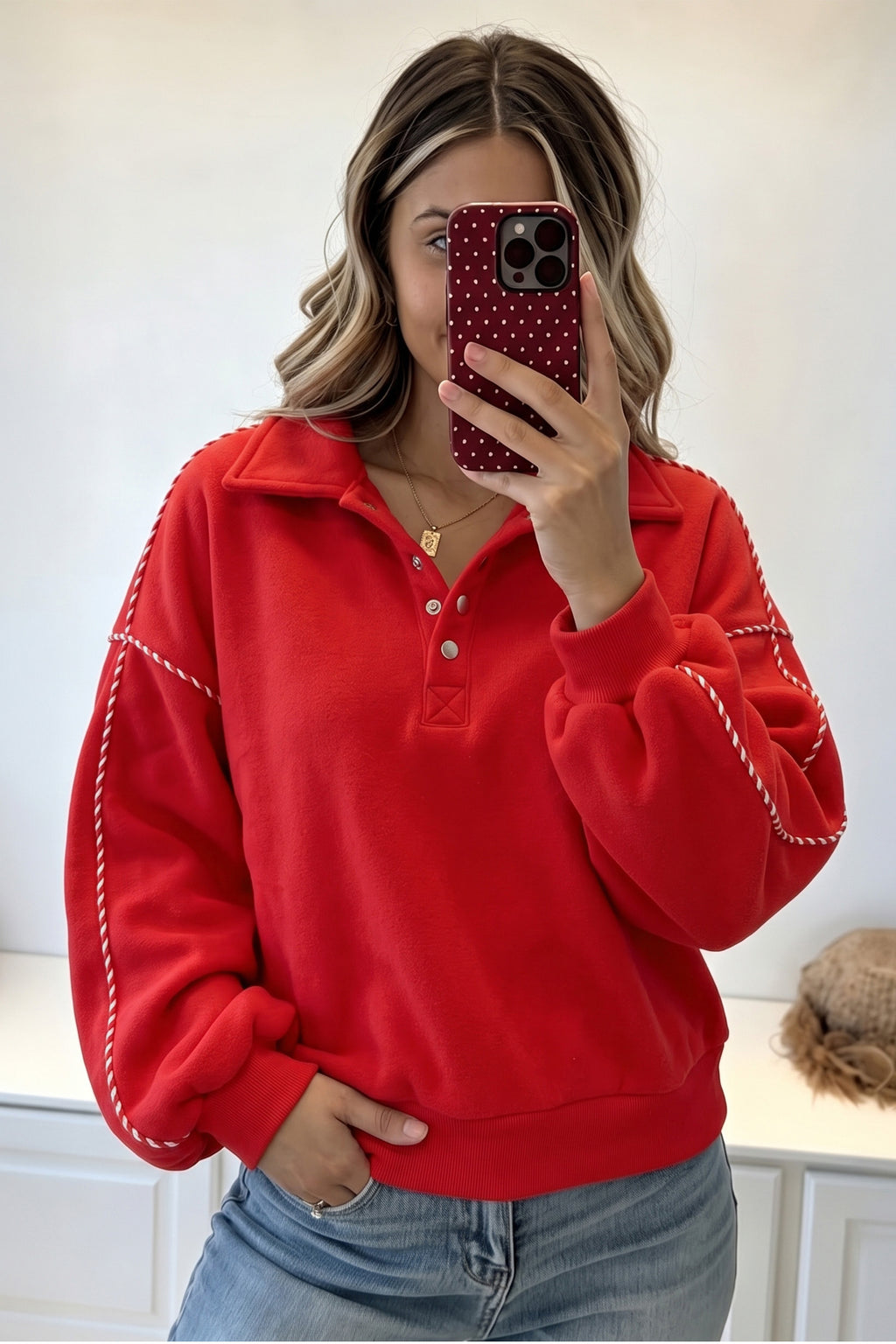 Fiery Red Snap Button Sleeve Candy Cane Lane Detail Pullover Sweatshirt PREORDER ETA 3 WEEKS