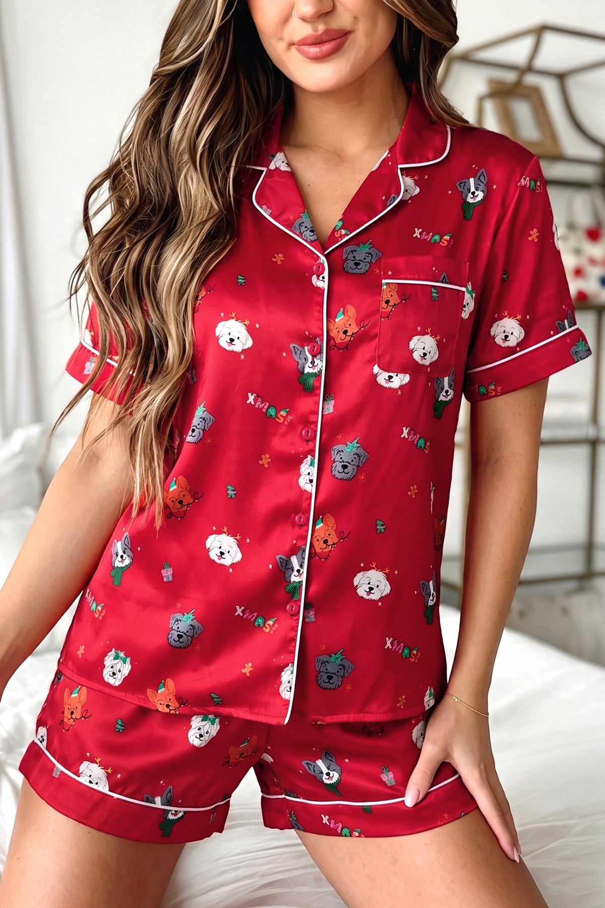 Racing Red Festive Dog Print Short Sleeve Two Piece Lounge Set PREORDER ETA 3 WEEKS