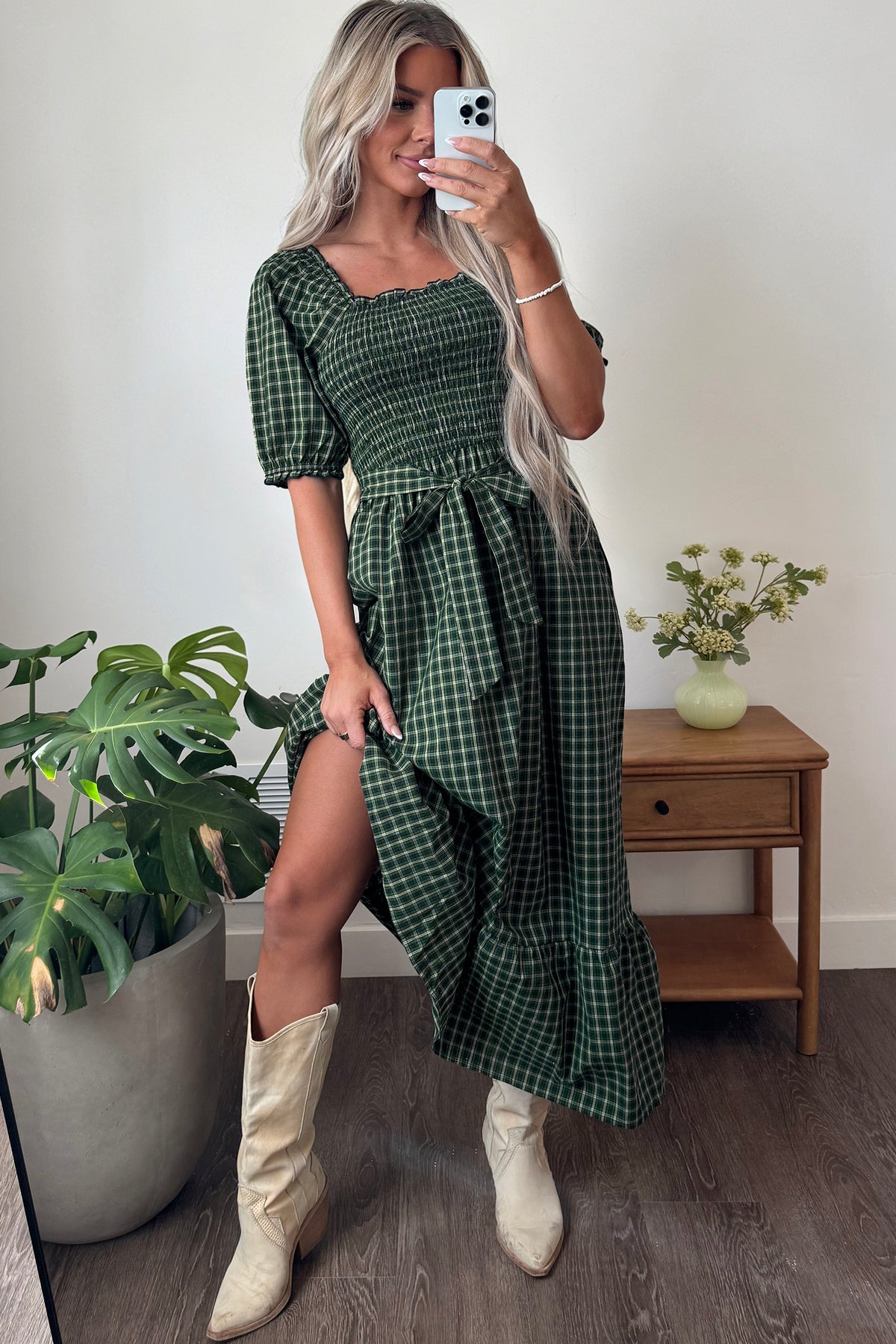 Green Plaid Square Neck Shirred High Waist Ruffle Hem Dress PREORDER ETA 3 WEEKS