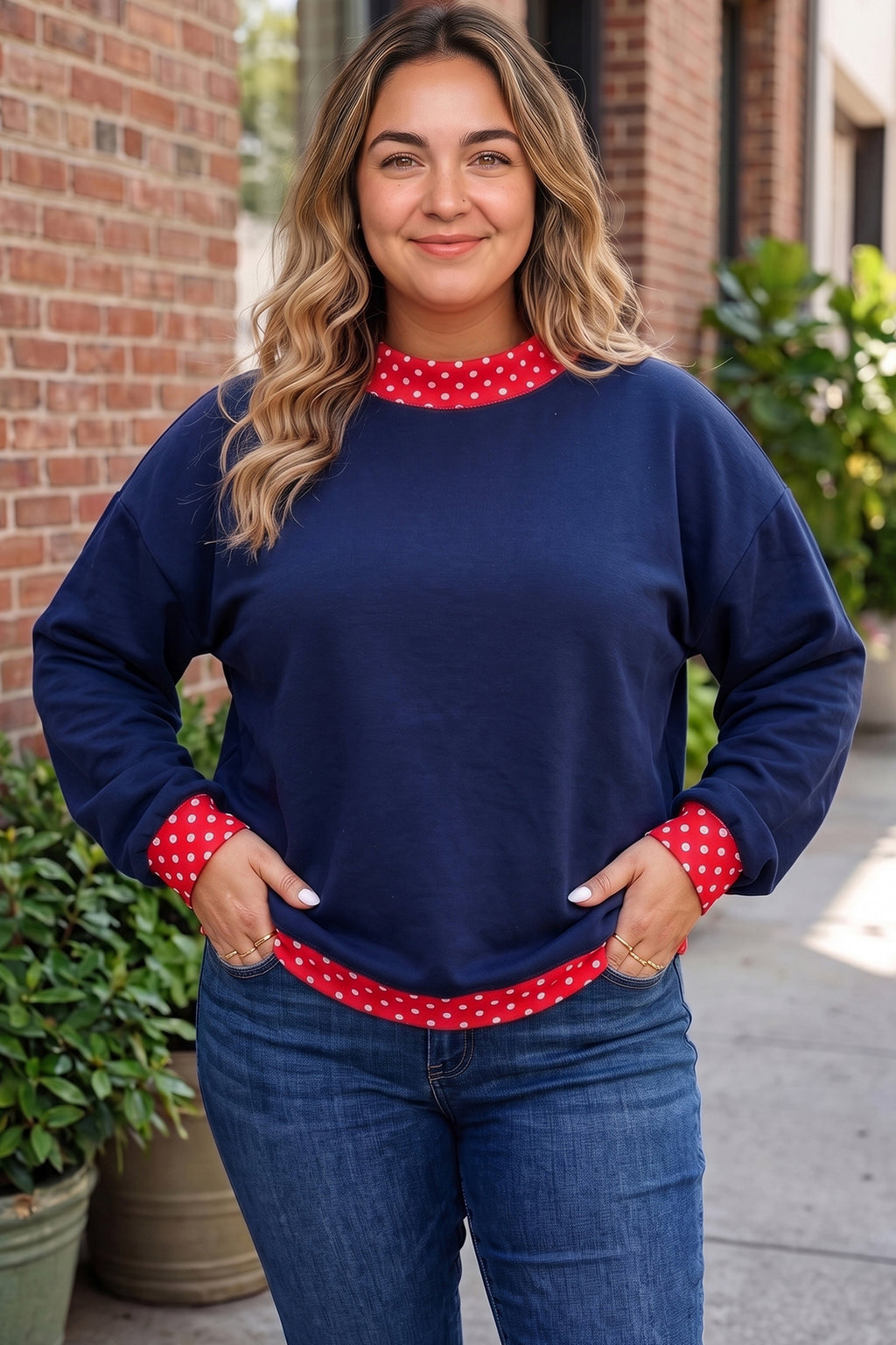 Brown Polka Dot Patchwork Round Neck Plus Size Sweatshirt PREORDER ETA 3 WEEKS