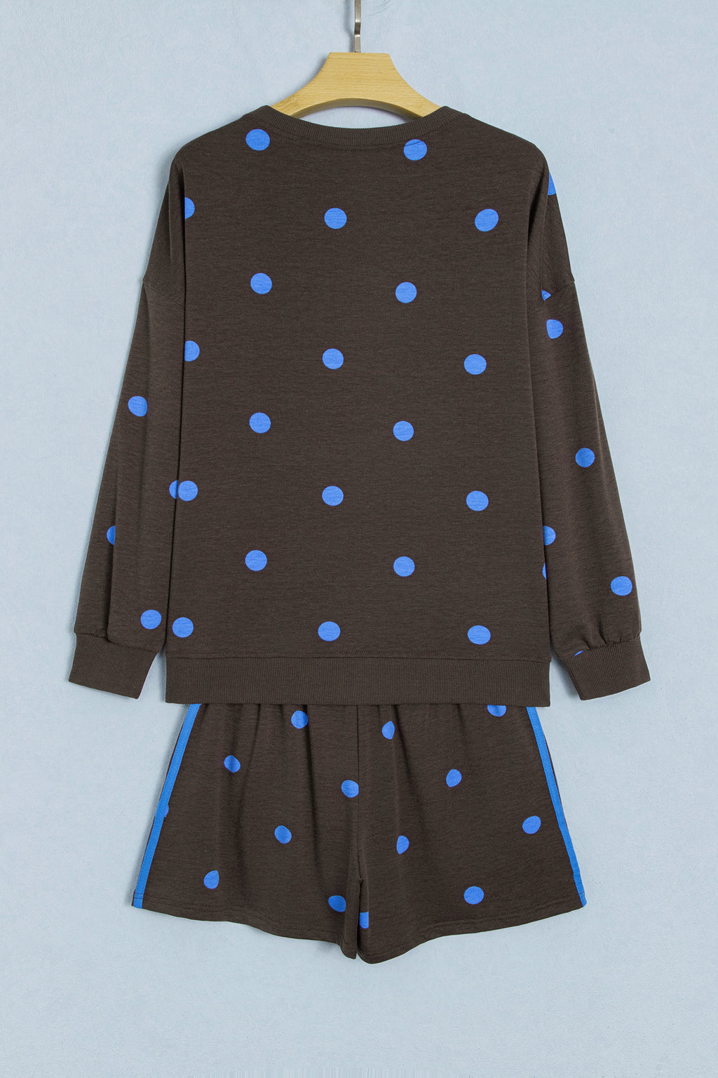 Brown Polka Dot Print Varsity Striped Detail Long Sleeve Top Short Set PREORDER ETA 3 WEEKS