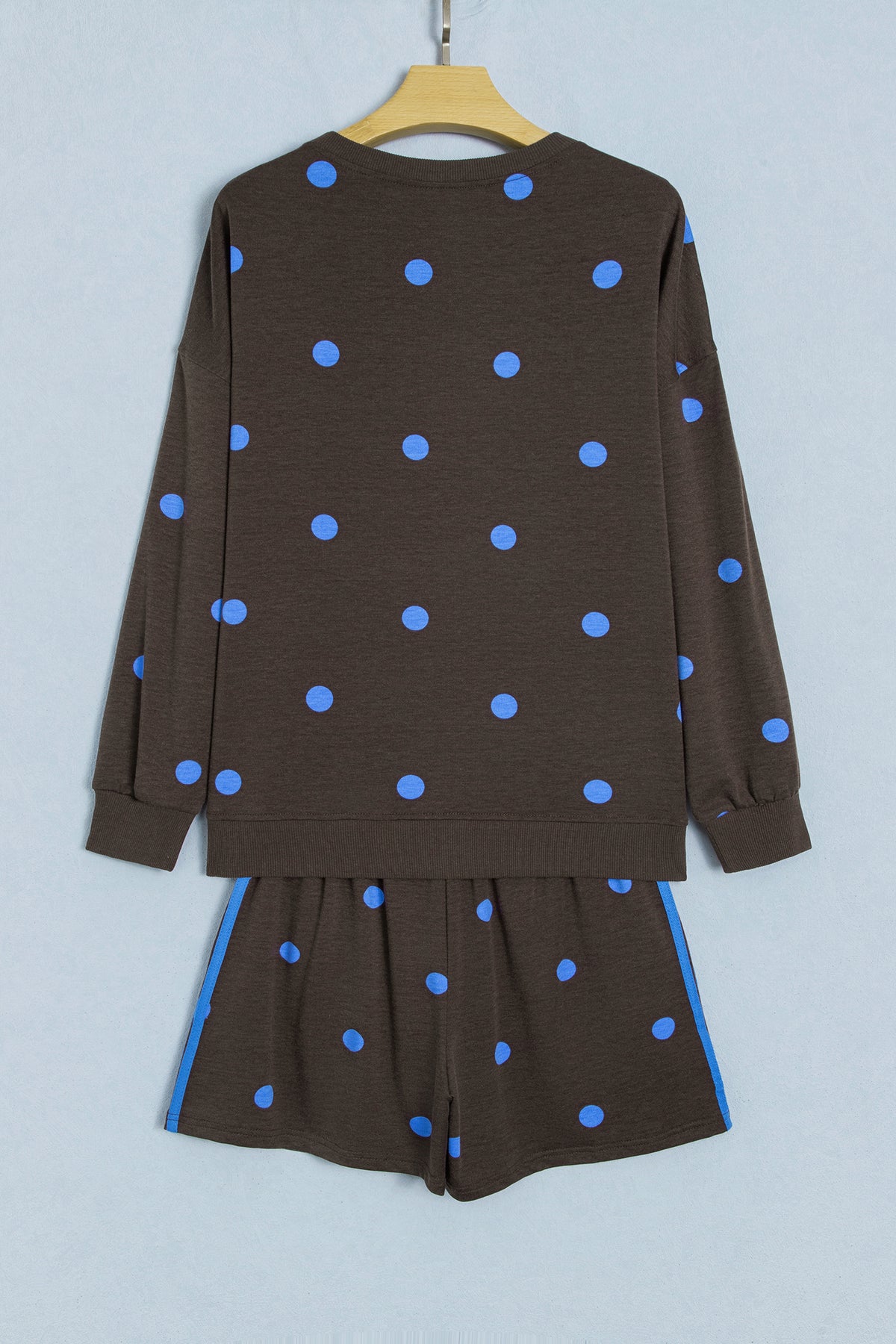 Brown Polka Dot Print Varsity Striped Detail Long Sleeve Top Short Set PREORDER ETA 3 WEEKS