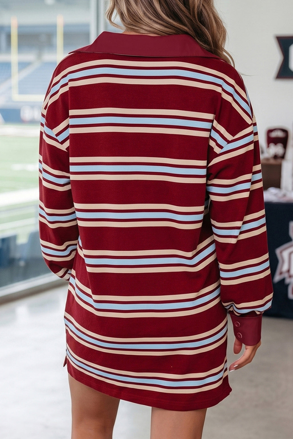 Red Stripe Retro Polo Collar Long Sleeve T Shirt Shift Mini Dress PREORDER ETA 3 WEEKS