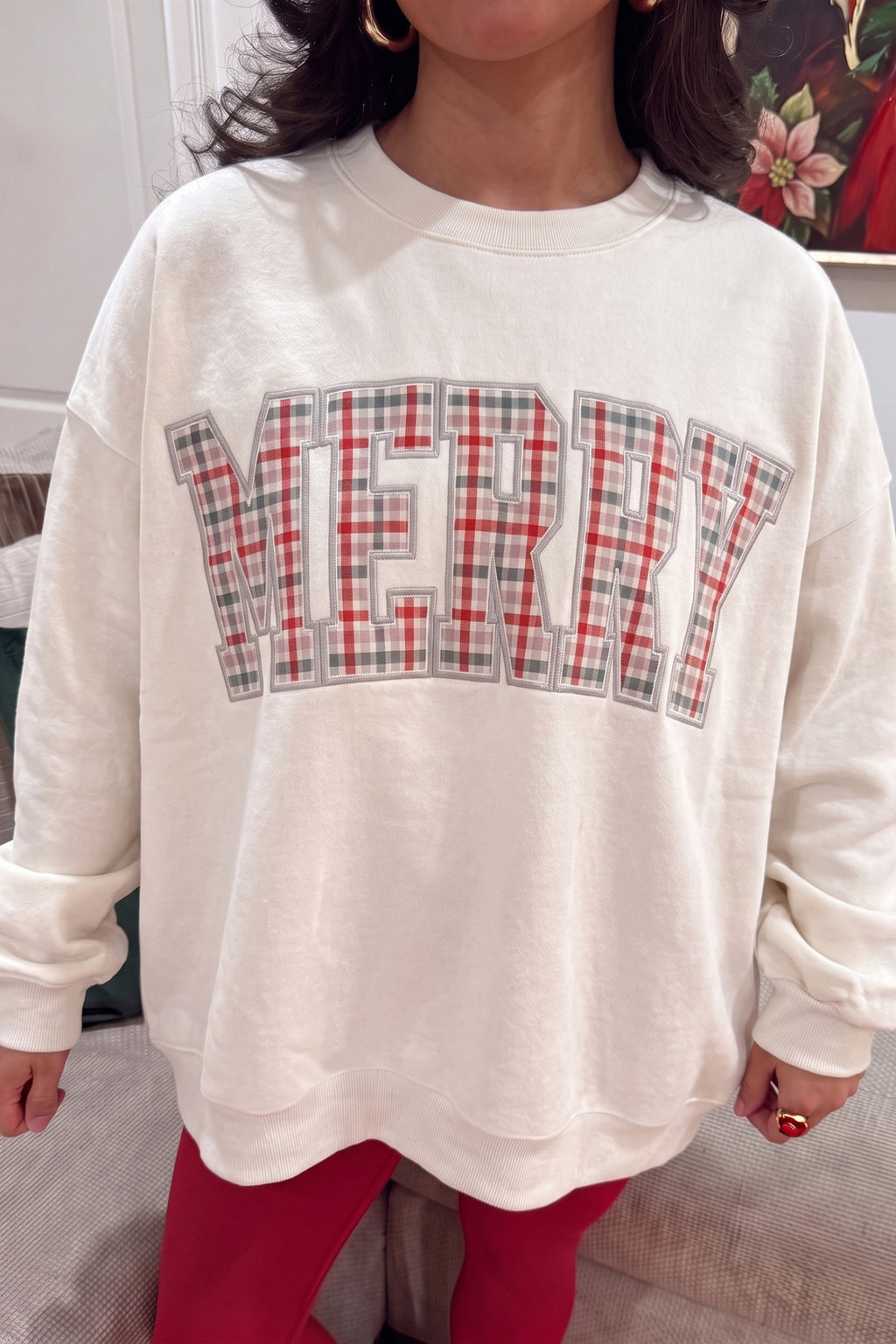 White Embroidered Plaid MERRY Sweatshirt PREORDER ETA 3 WEEKS